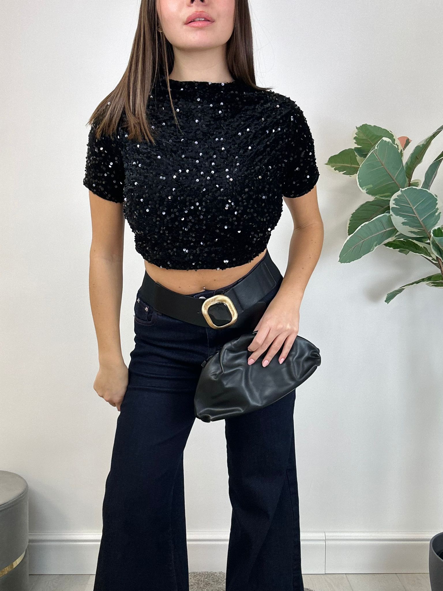 Pull court à sequins - Noir