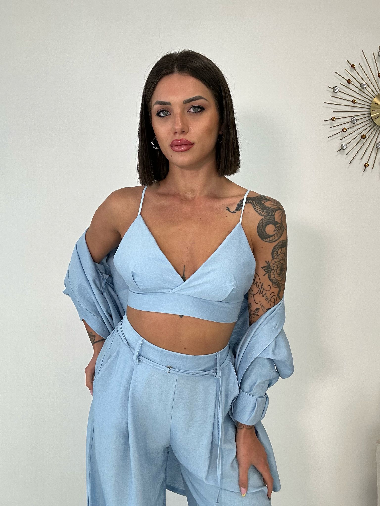 Coordinato Lisbona (Camicia + Bralette + Pantalone) Celeste