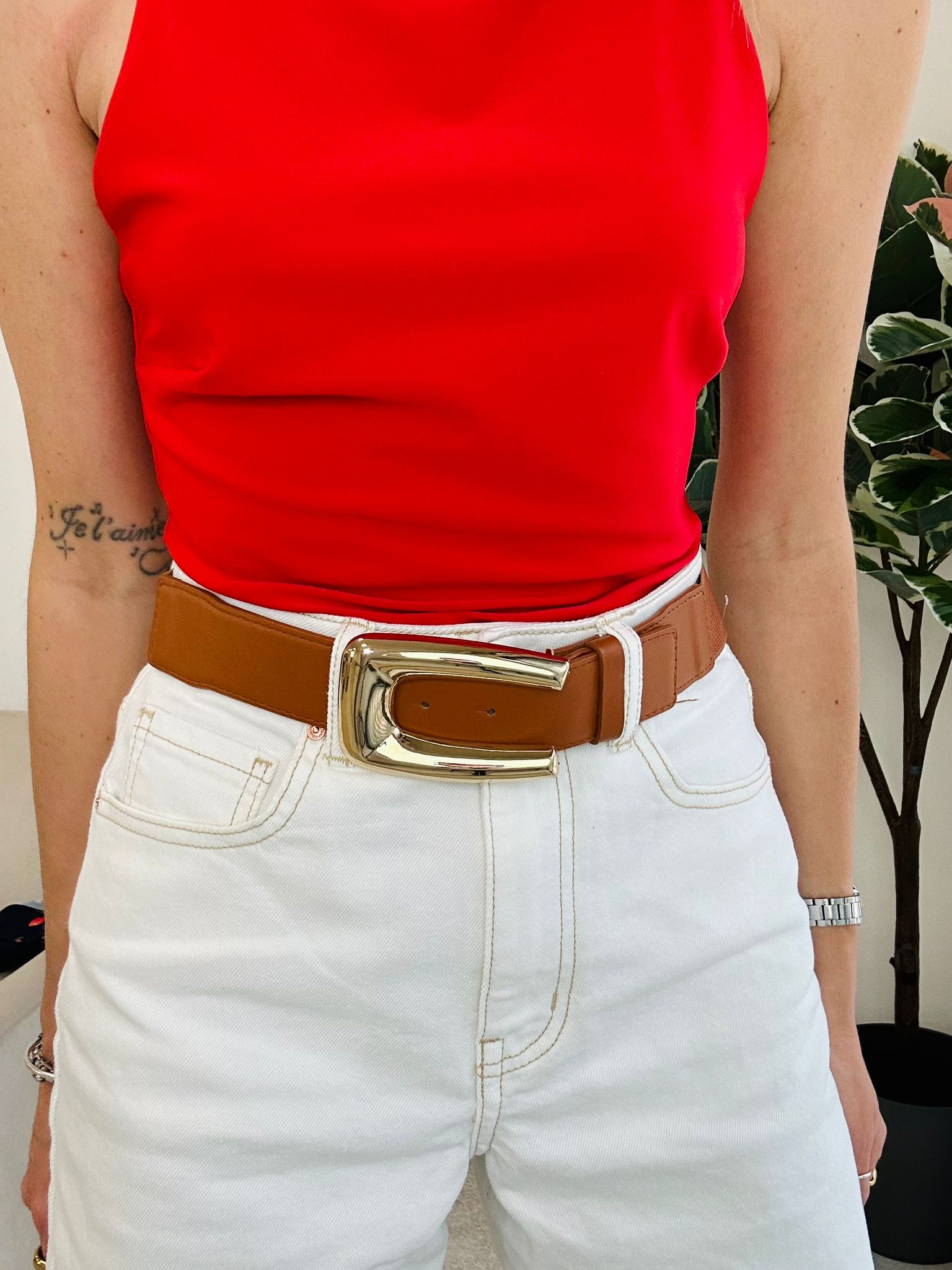 Ceinture avec taille élastique et boucle dorée - Cuir