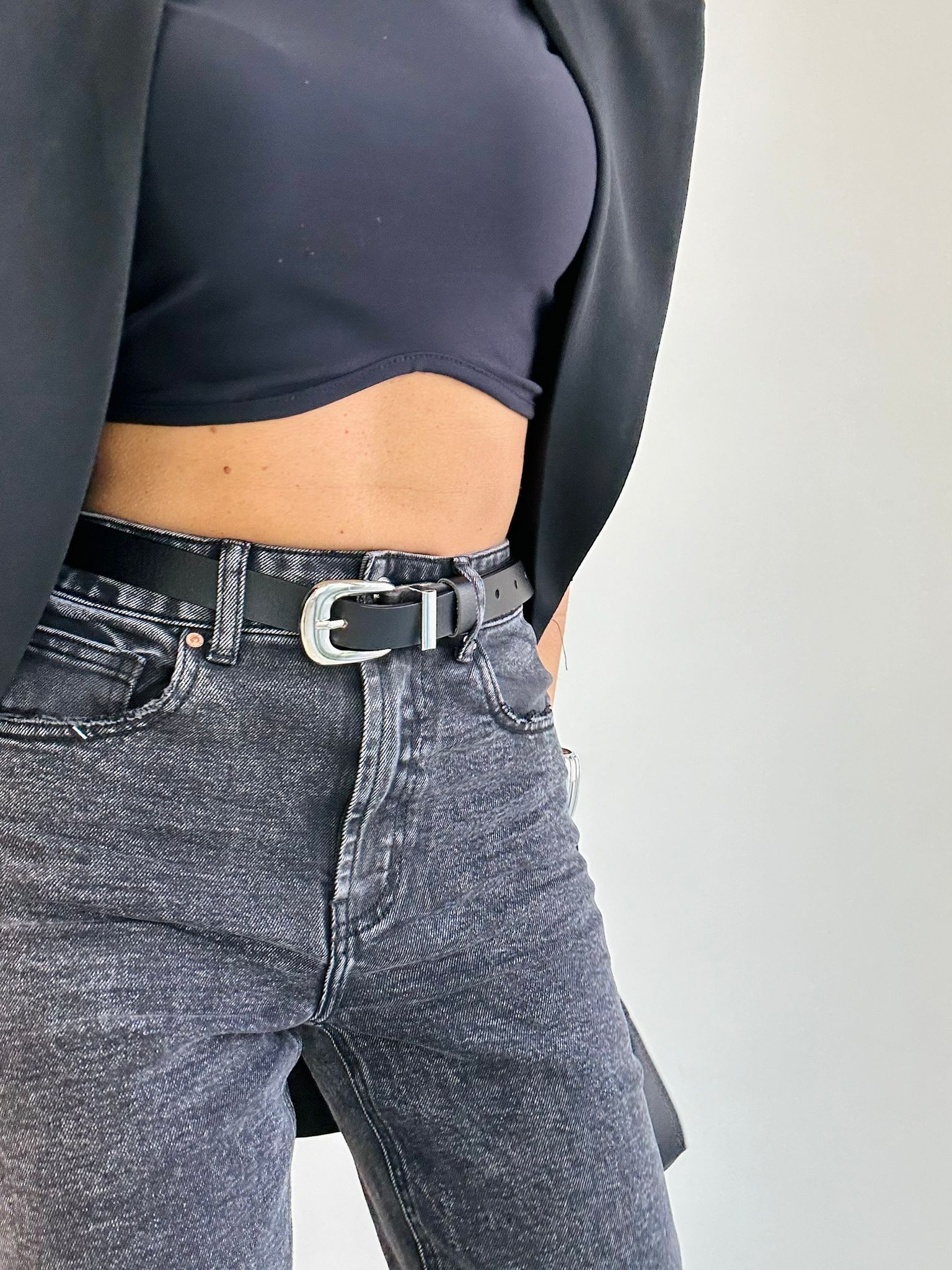 Ceinture en cuir véritable avec boucle argentée - Noir
