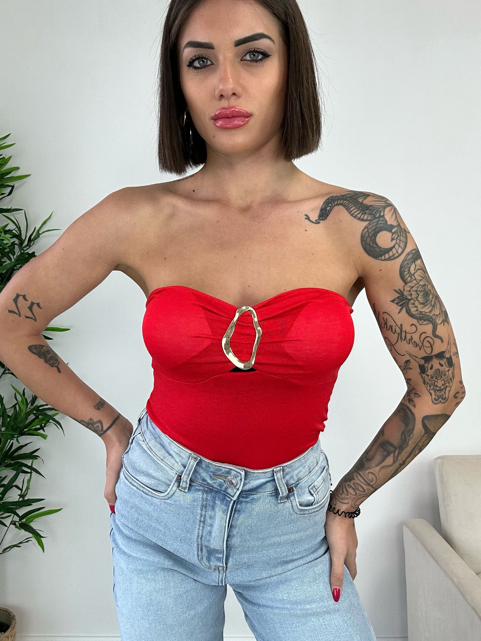 Body bandeau avec anneau doré - Rouge