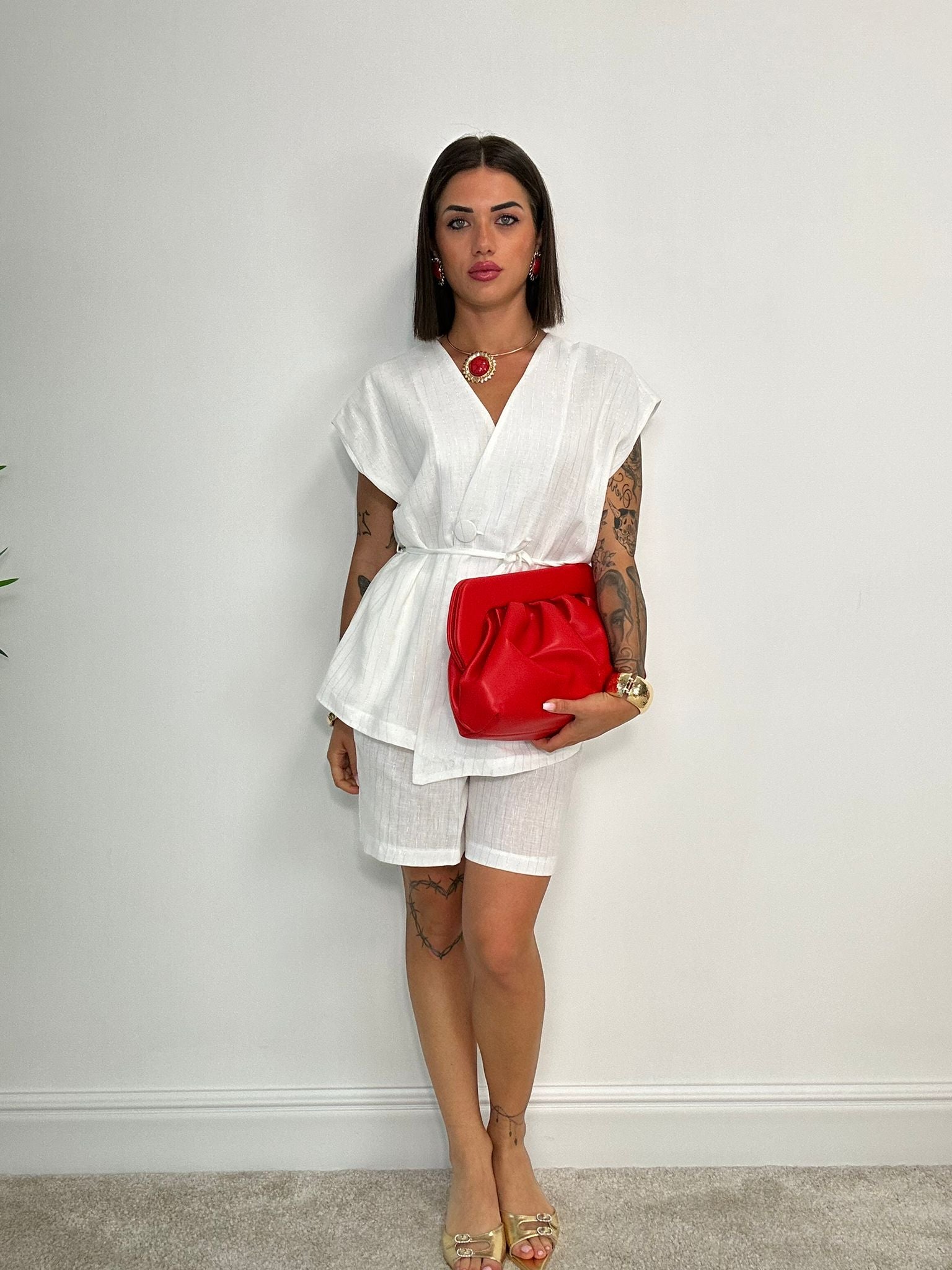 Coordinato Laminato (Giacca Smanicata + Bermuda) Bianco