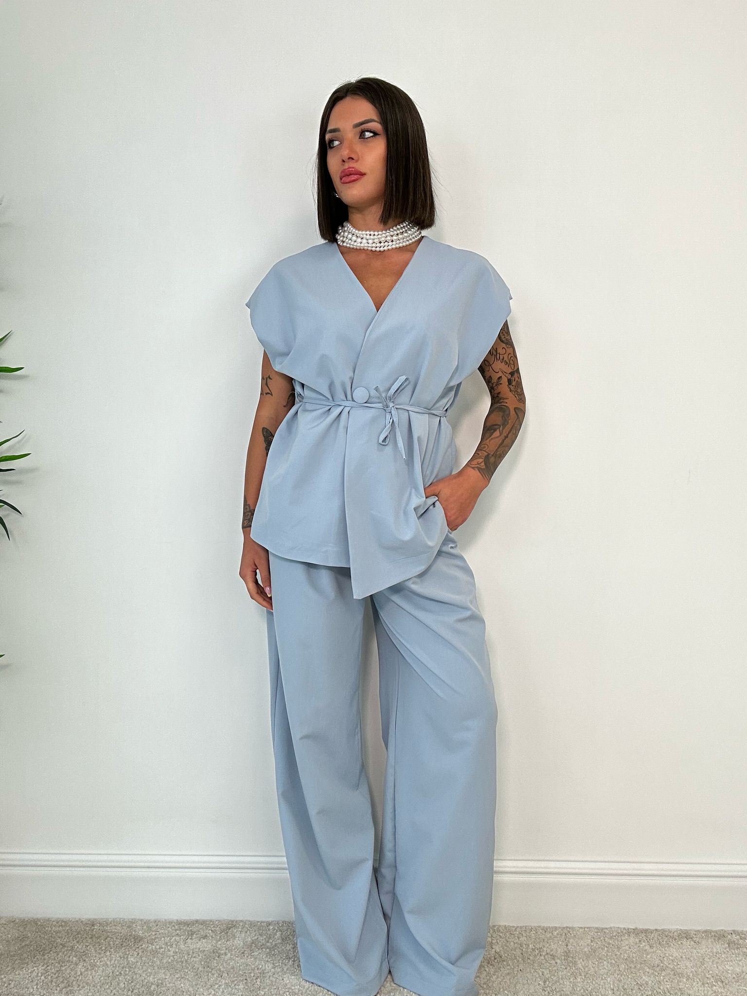 Coordinato Malaga (Giacca Smanicata+ Pantalone) Azzurro Polvere