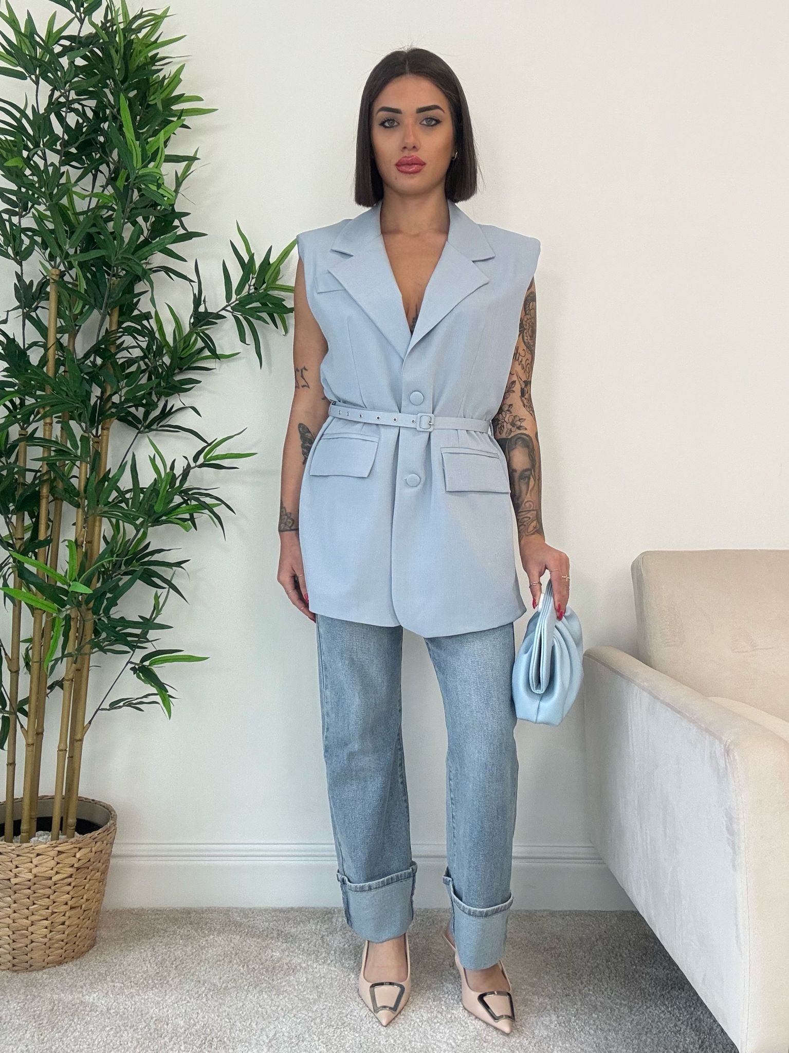 Blazer sans manches avec ceinture - Bleu ciel