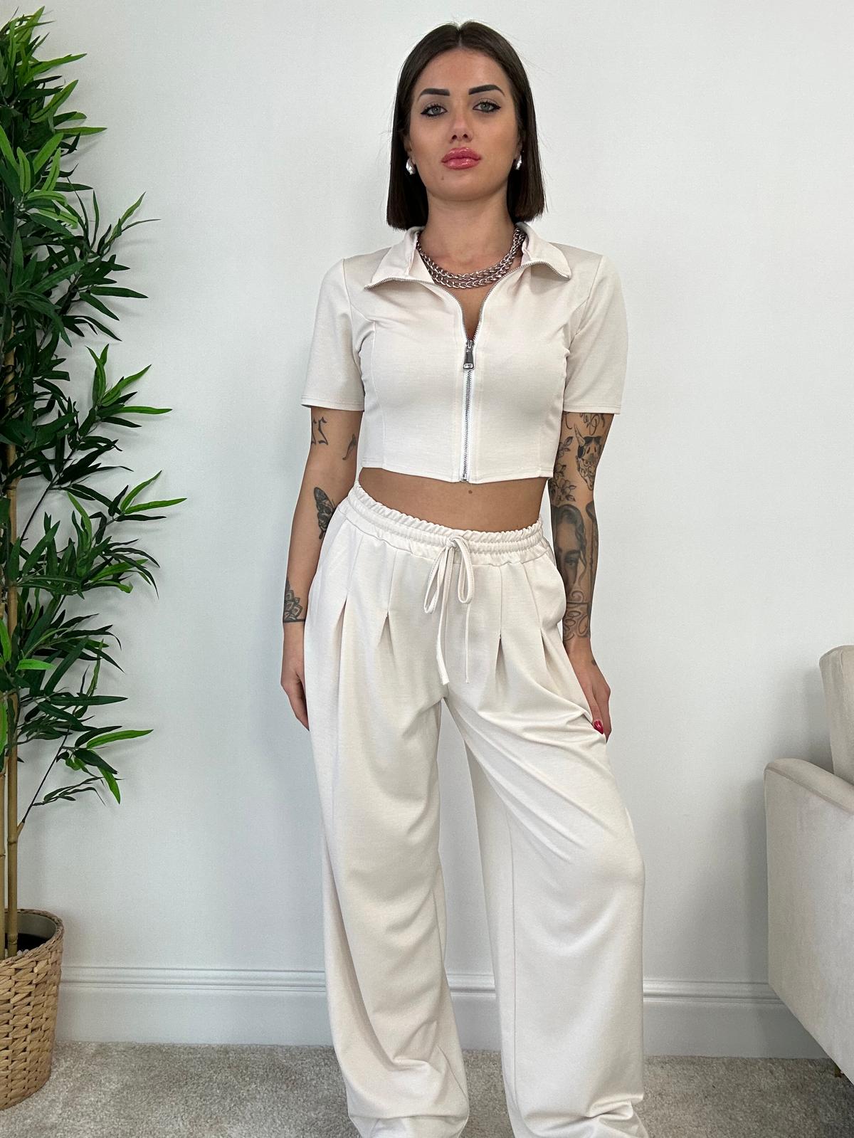 Ensemble survêtement Brenda (sweat-shirt court + pantalon) Crème