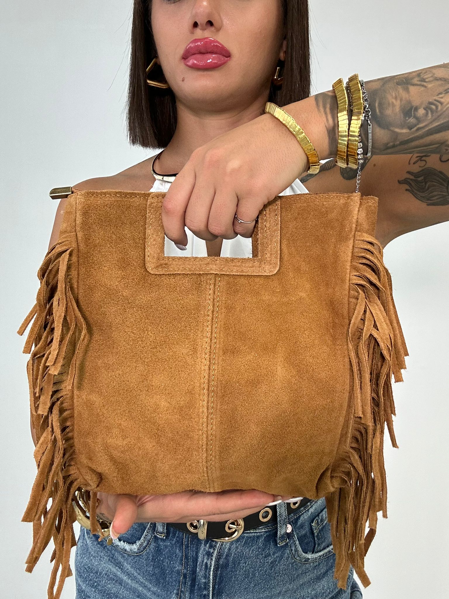 Borsa con frange e manico rigido - Camel