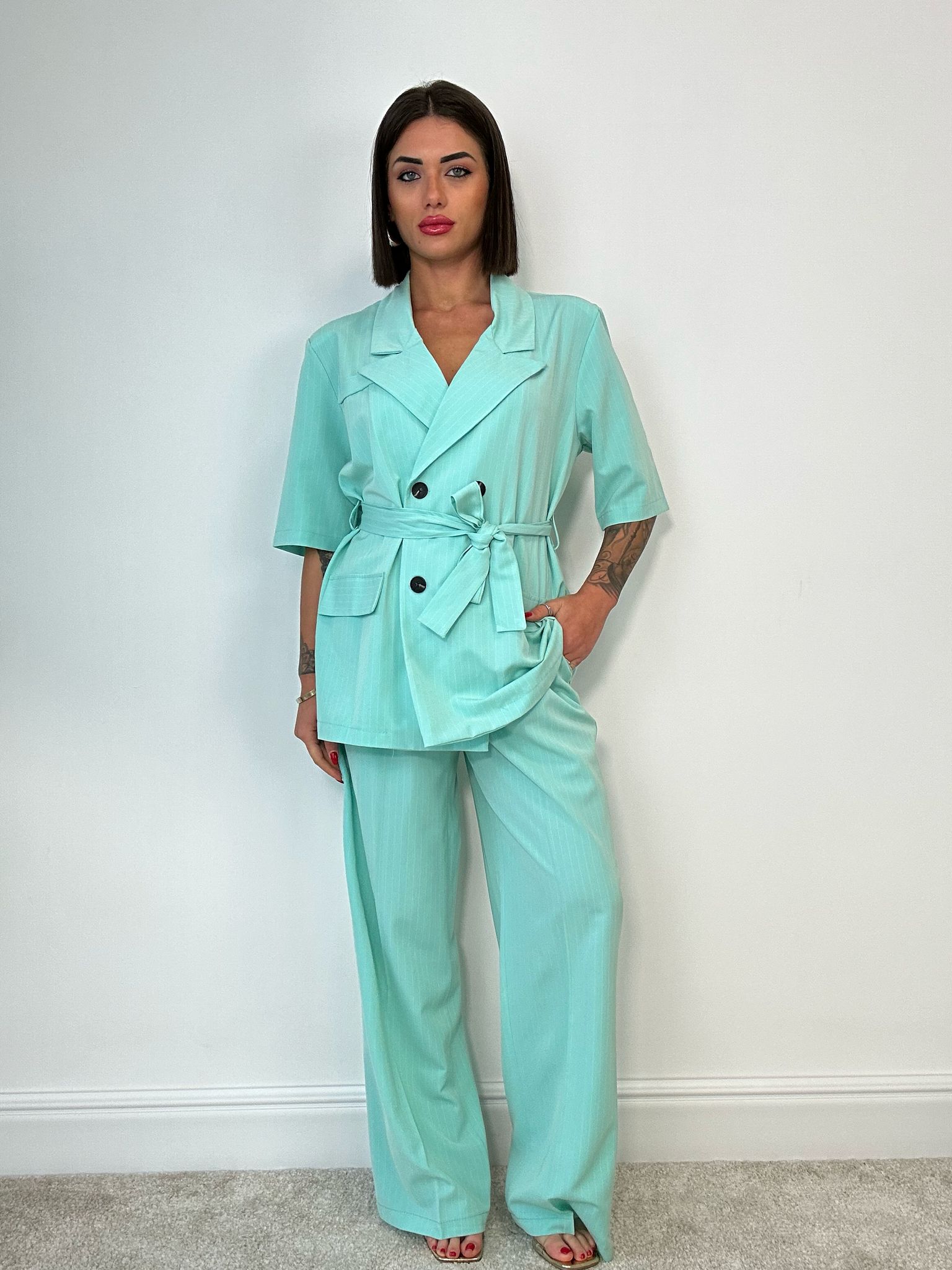 Tailleur Cadice Gessato (Blazer + Pantalone) Turchese