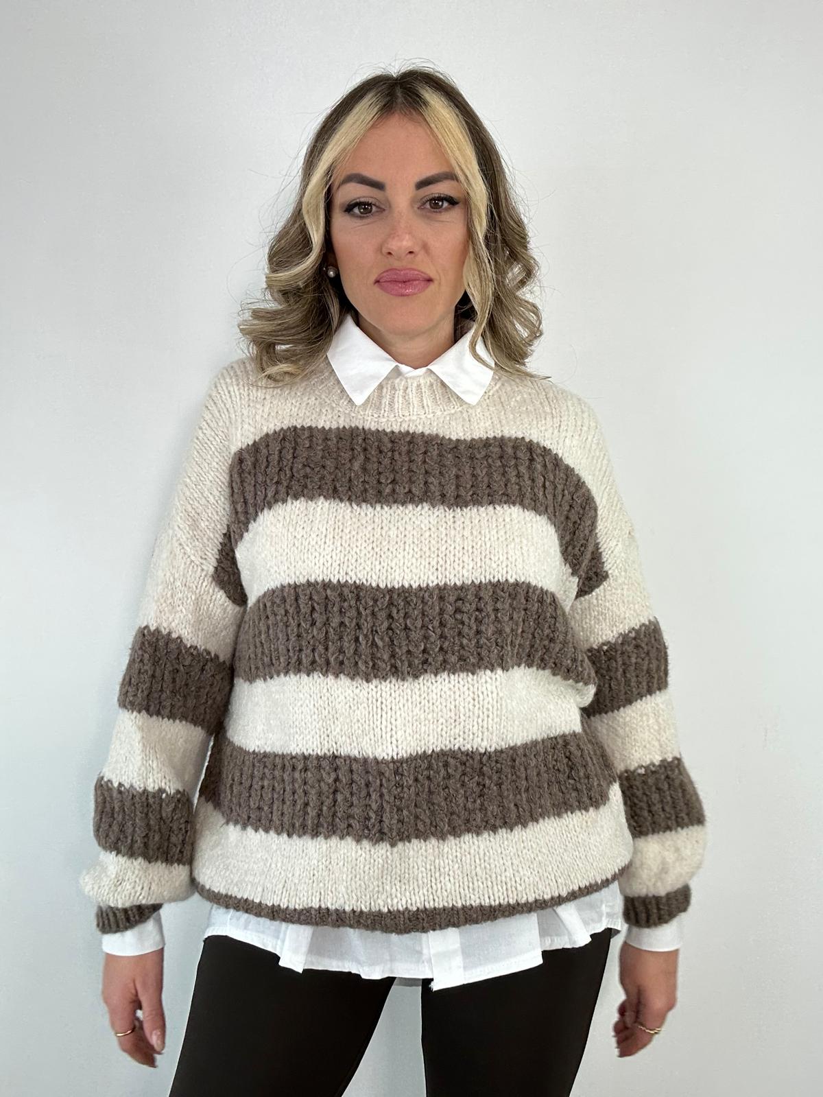 Maglione a righe 25325 - Panna/Fango