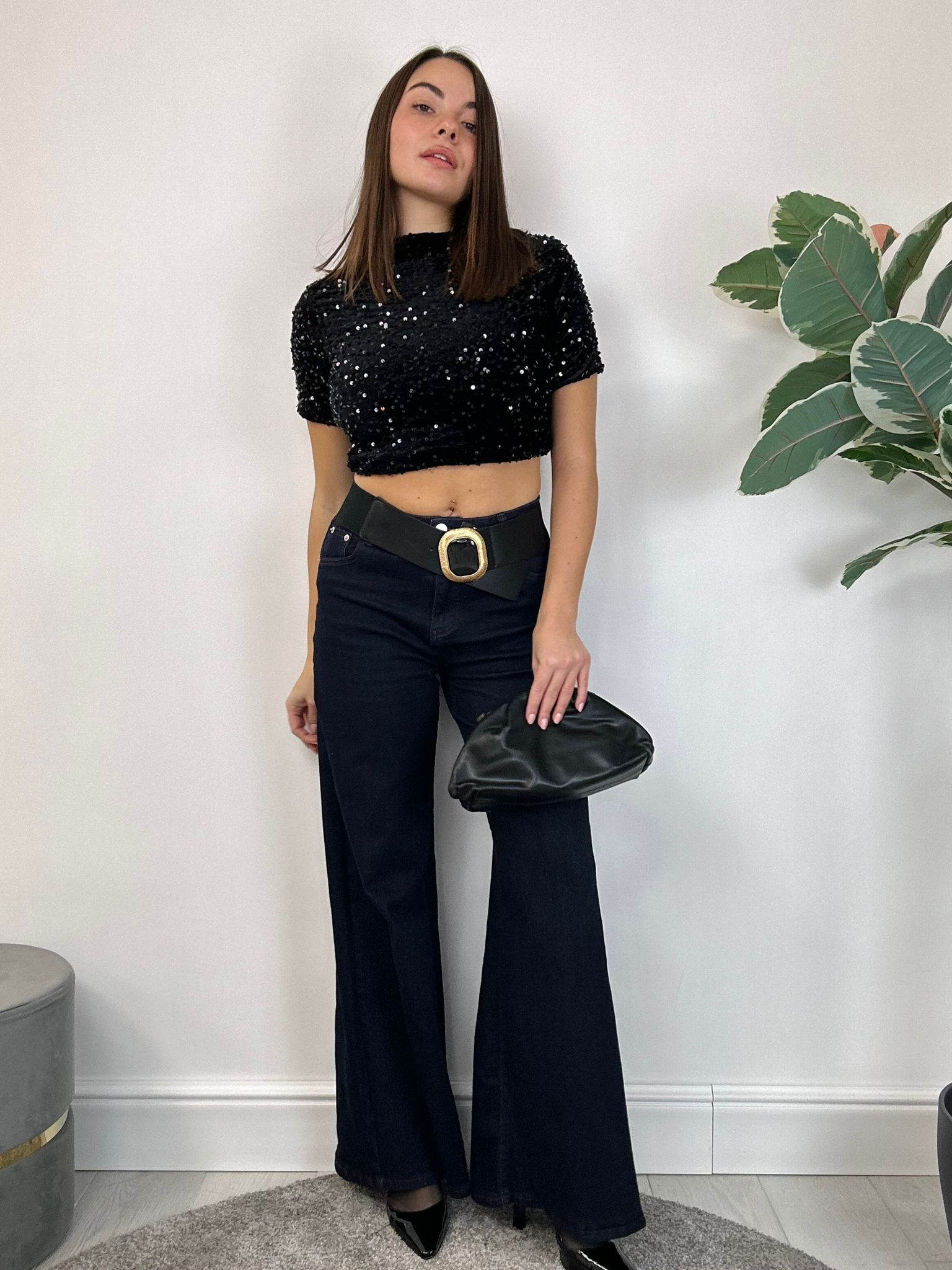 Pull court à sequins - Noir