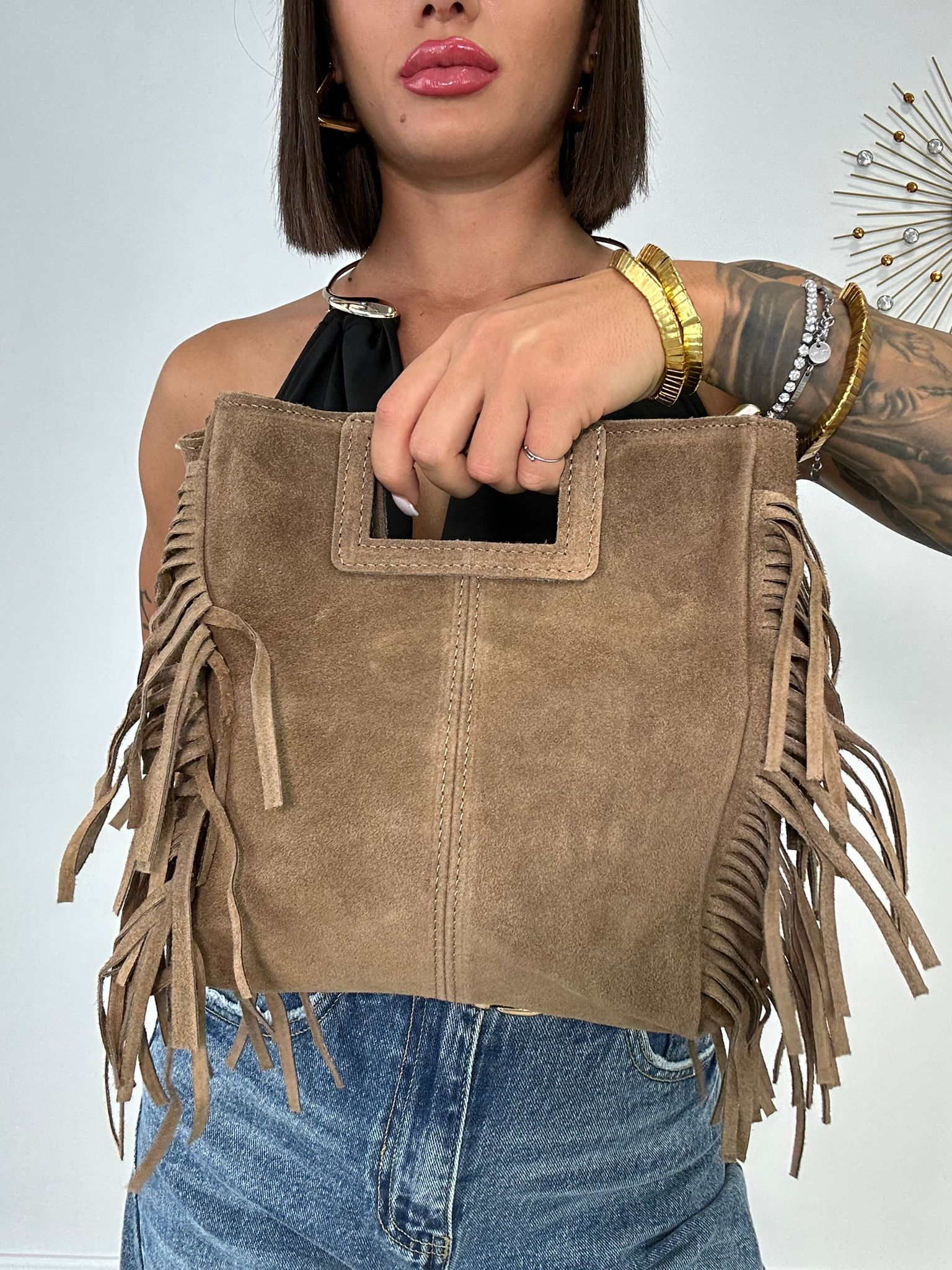Borsa con frange e manico rigido - Beige Scuro