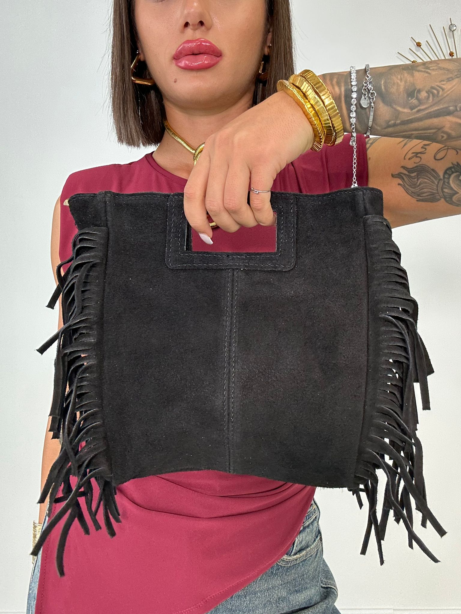 Borsa con frange e manico rigido - Nero