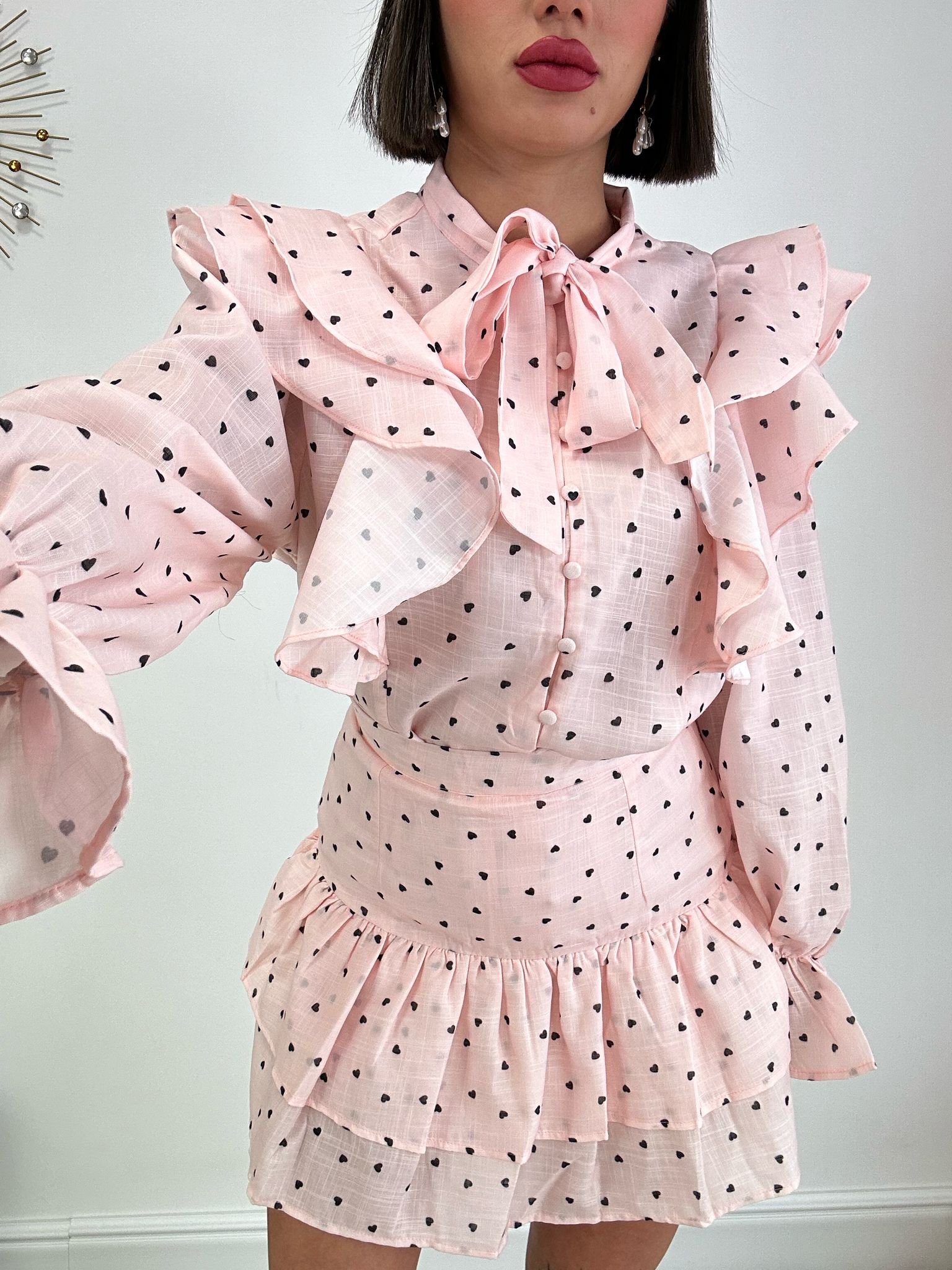 Ensemble cœurs (chemise + jupe short) rose clair