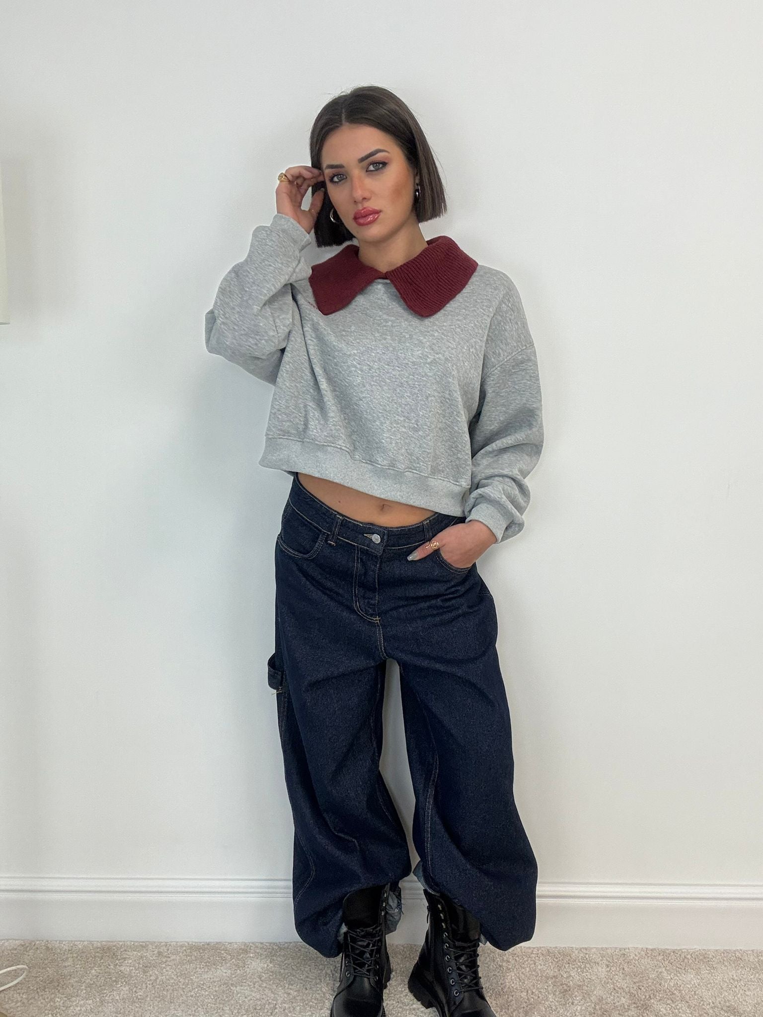 Sweat Crop Flake - Gris et Bordeaux