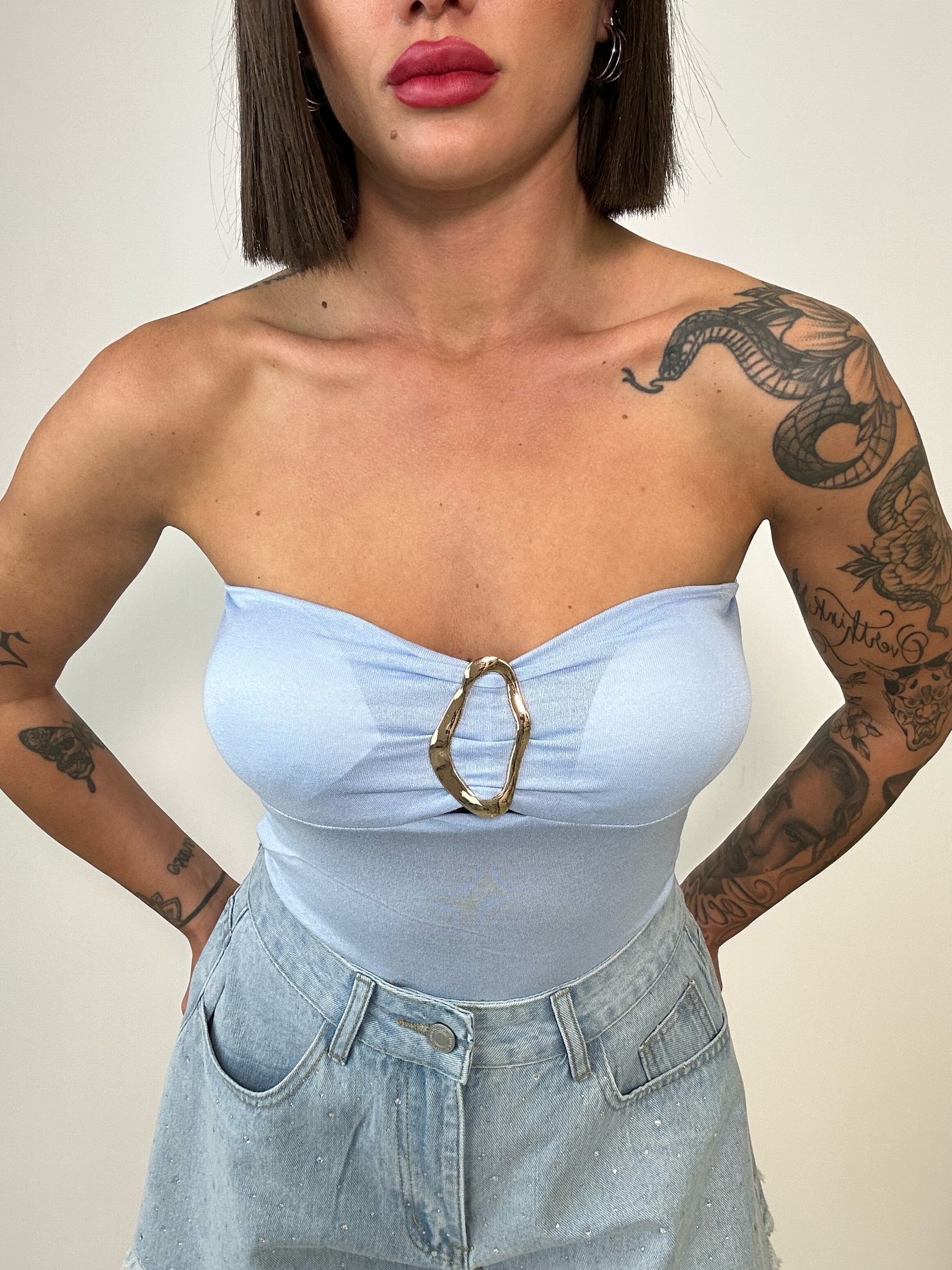 Body a fascia con anello oro - Celeste