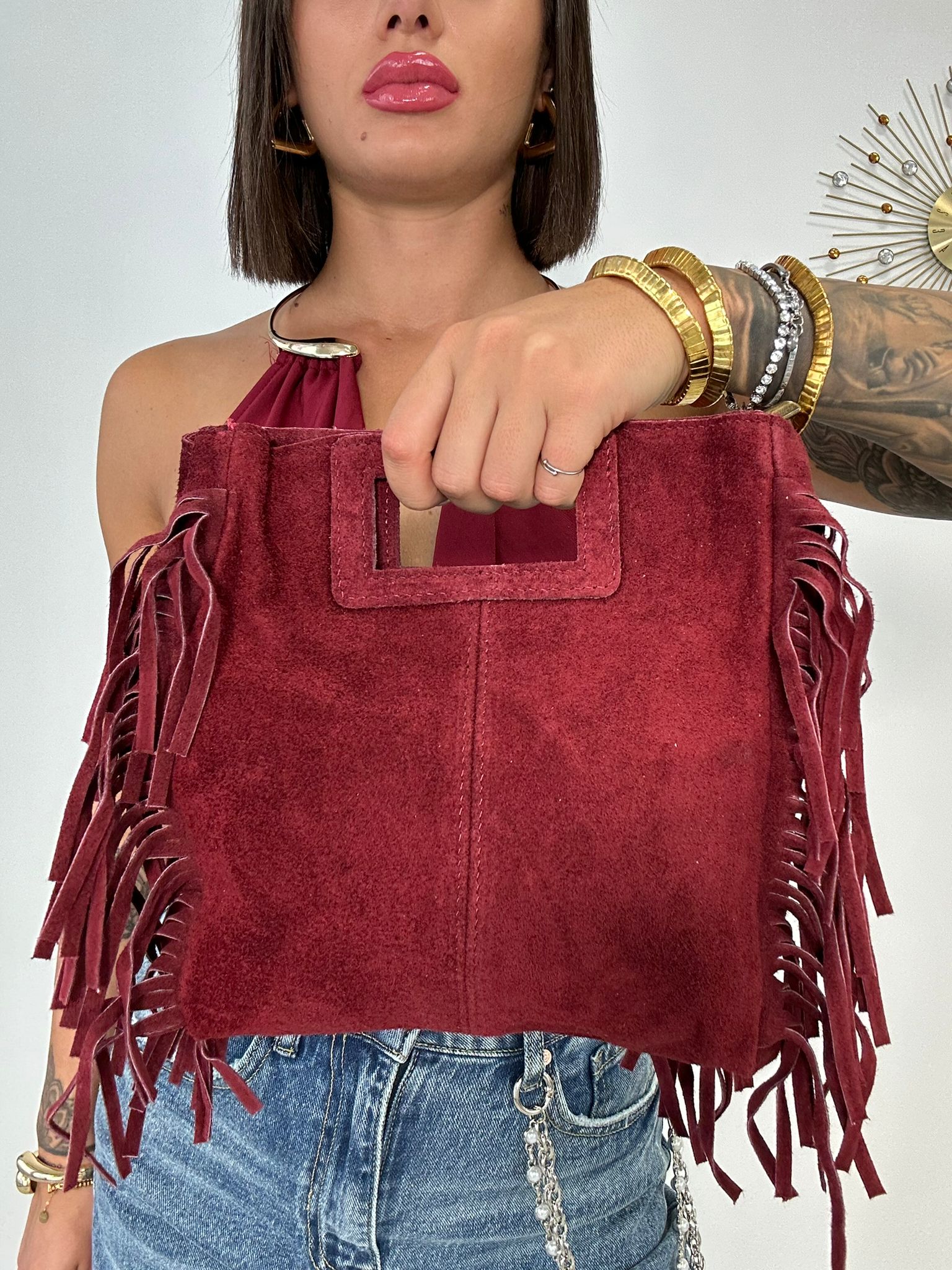 Borsa con frange e manico rigido - Bordeaux