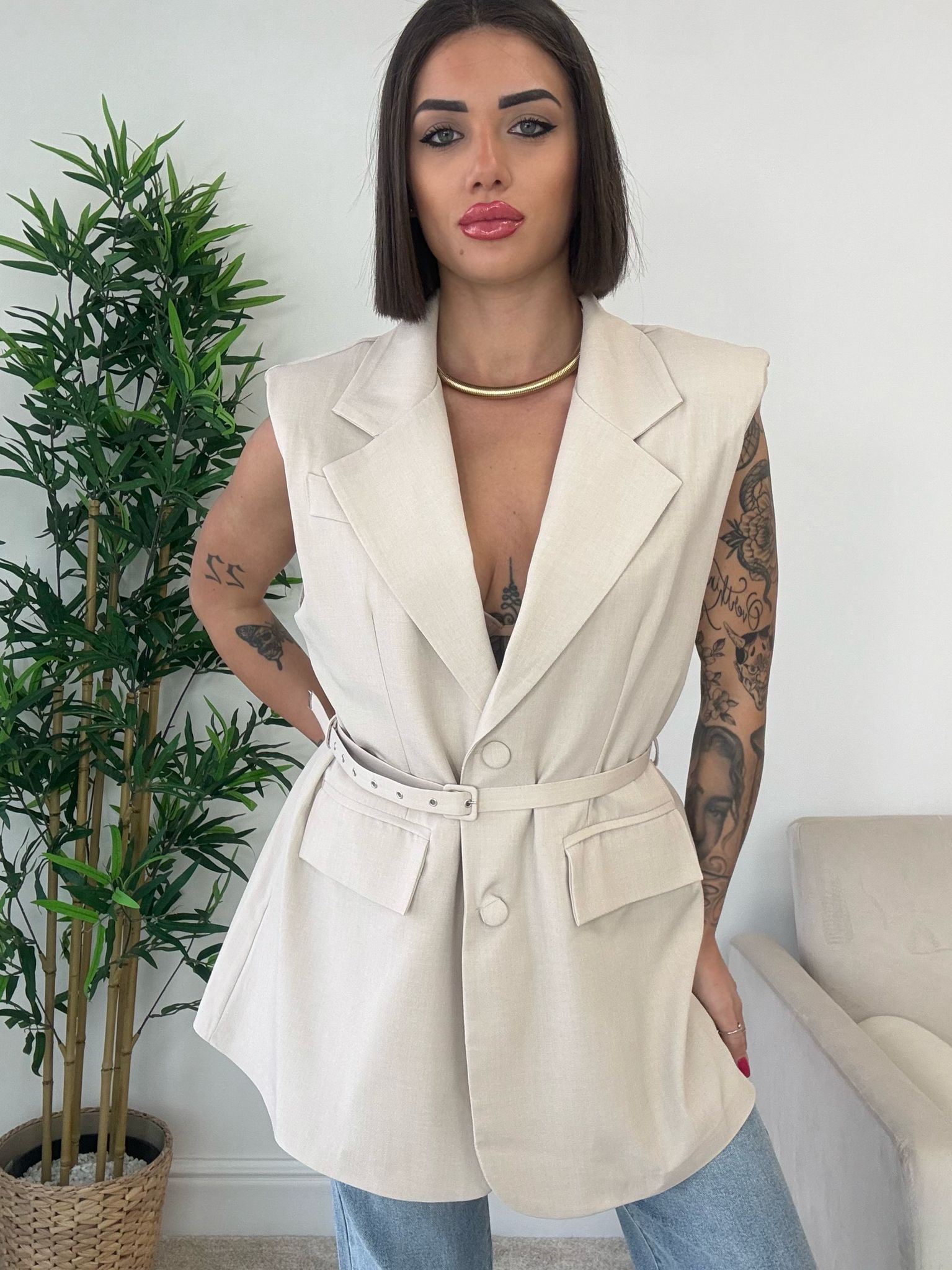 Blazer Smanicato Con Cintura - Beige