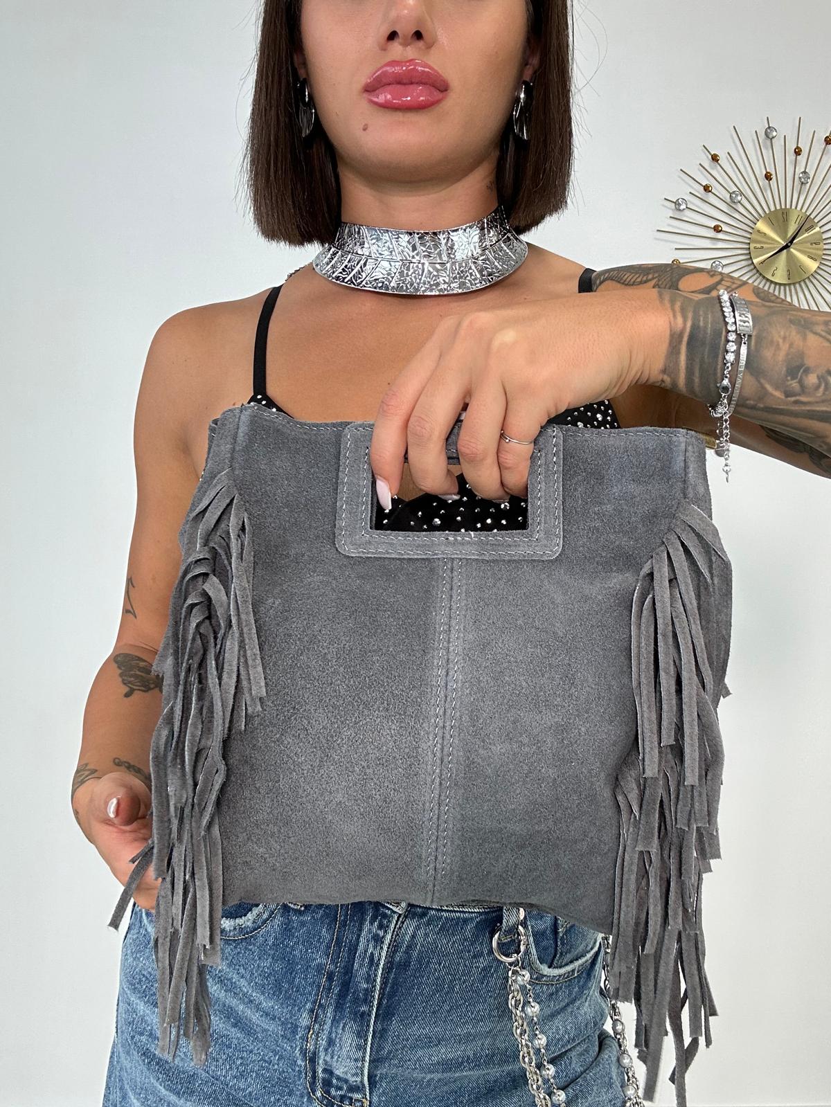 Borsa con frange e manico rigido - Grigio