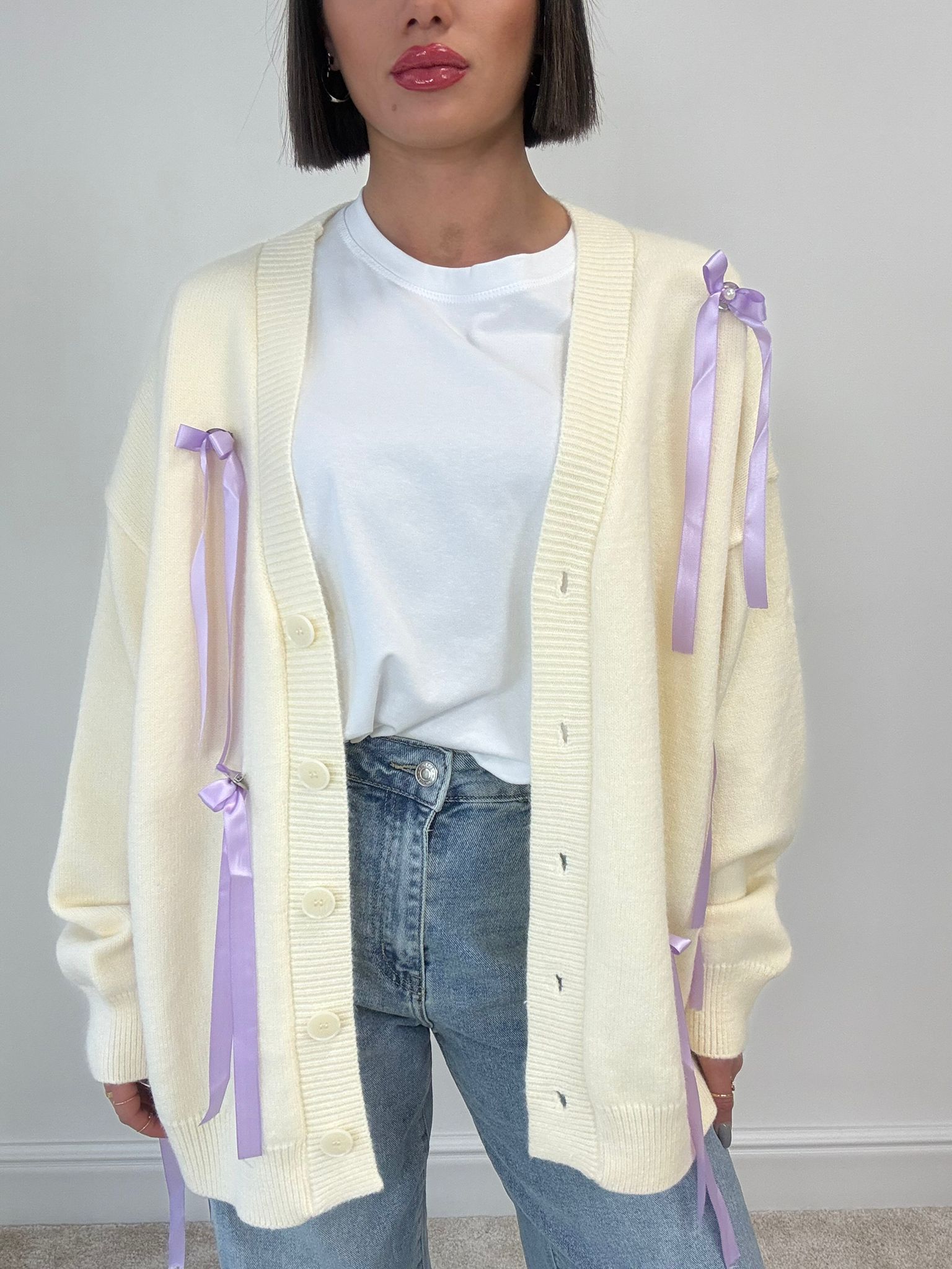 Cardigan à nœuds - Crème à nœuds lilas