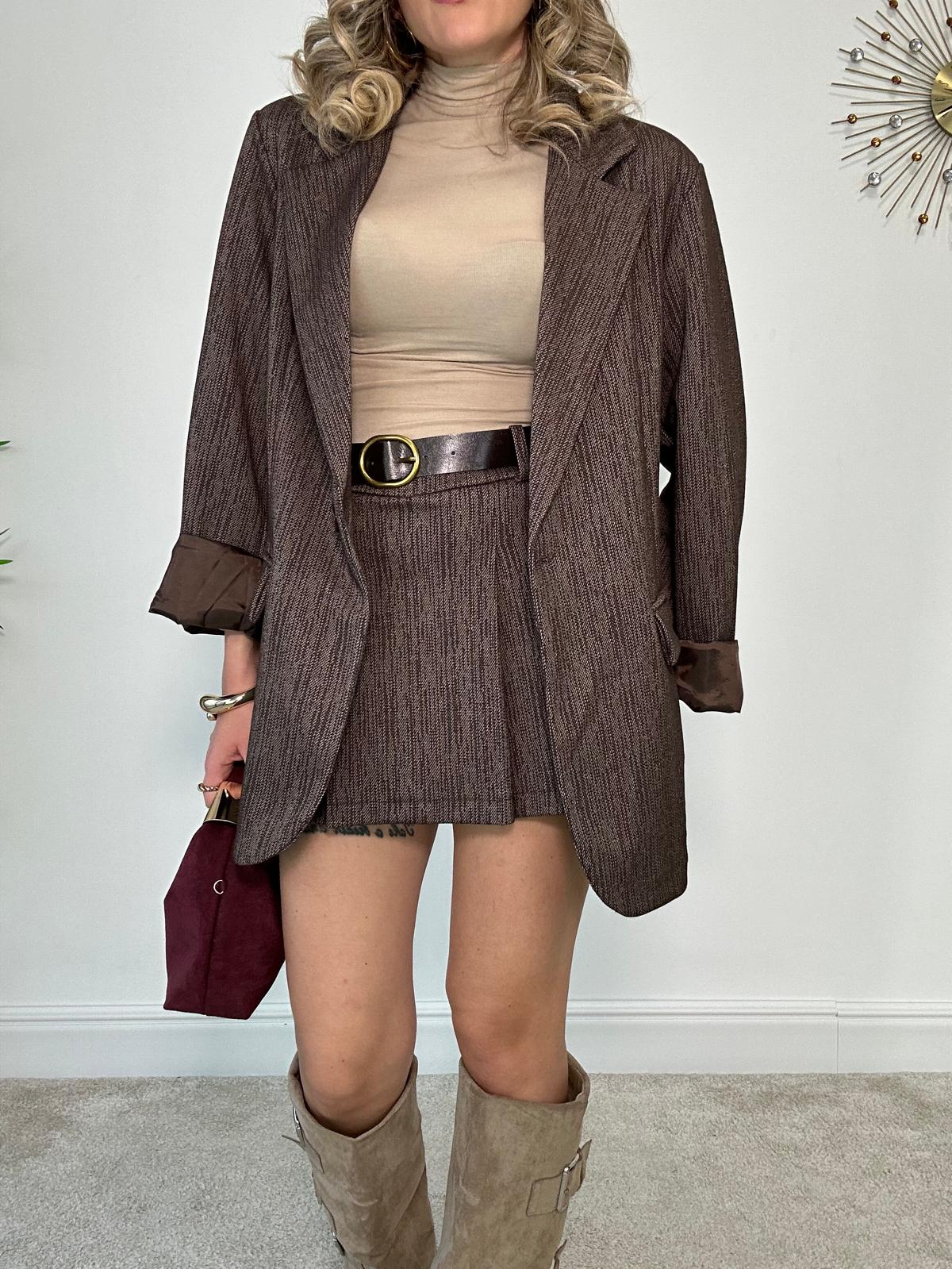 Coordinato Pied de Poule (Blazer + Gonna Pantaloncino) Marrone