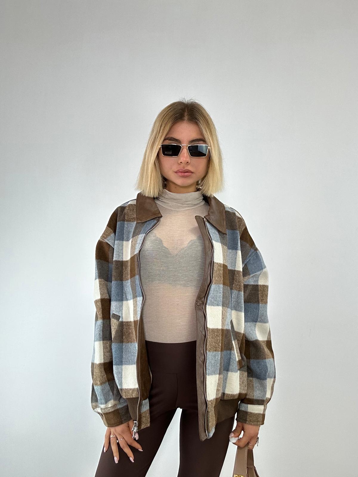 Giubbotto A Quadri W29725 - Celeste e Marrone