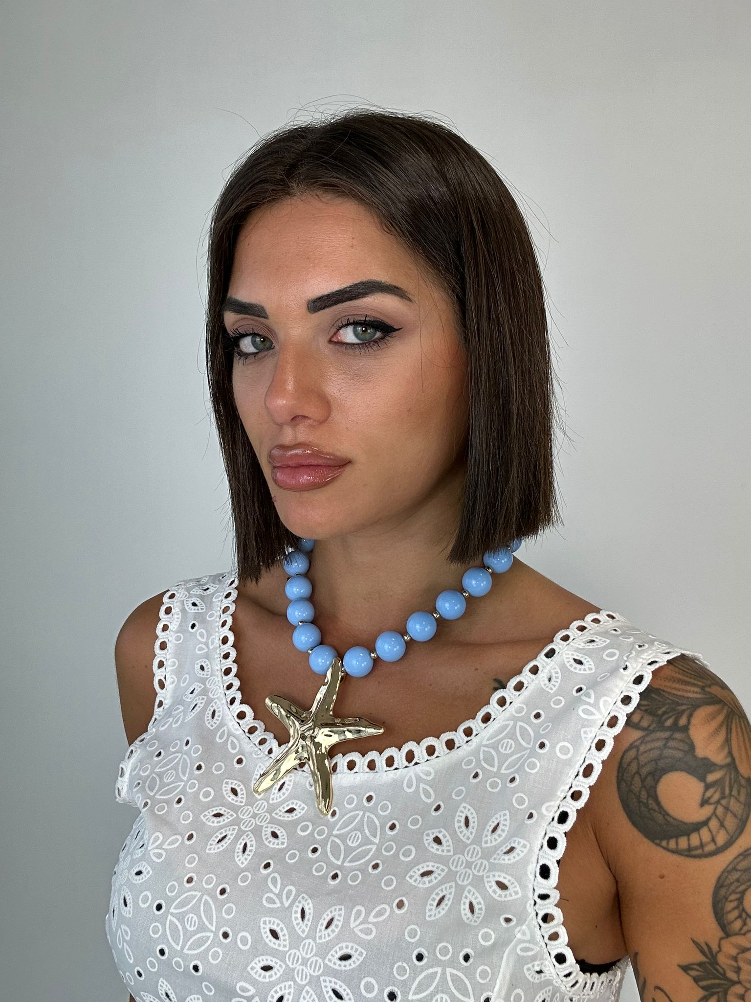 Collana con perle e stella marina - Celeste