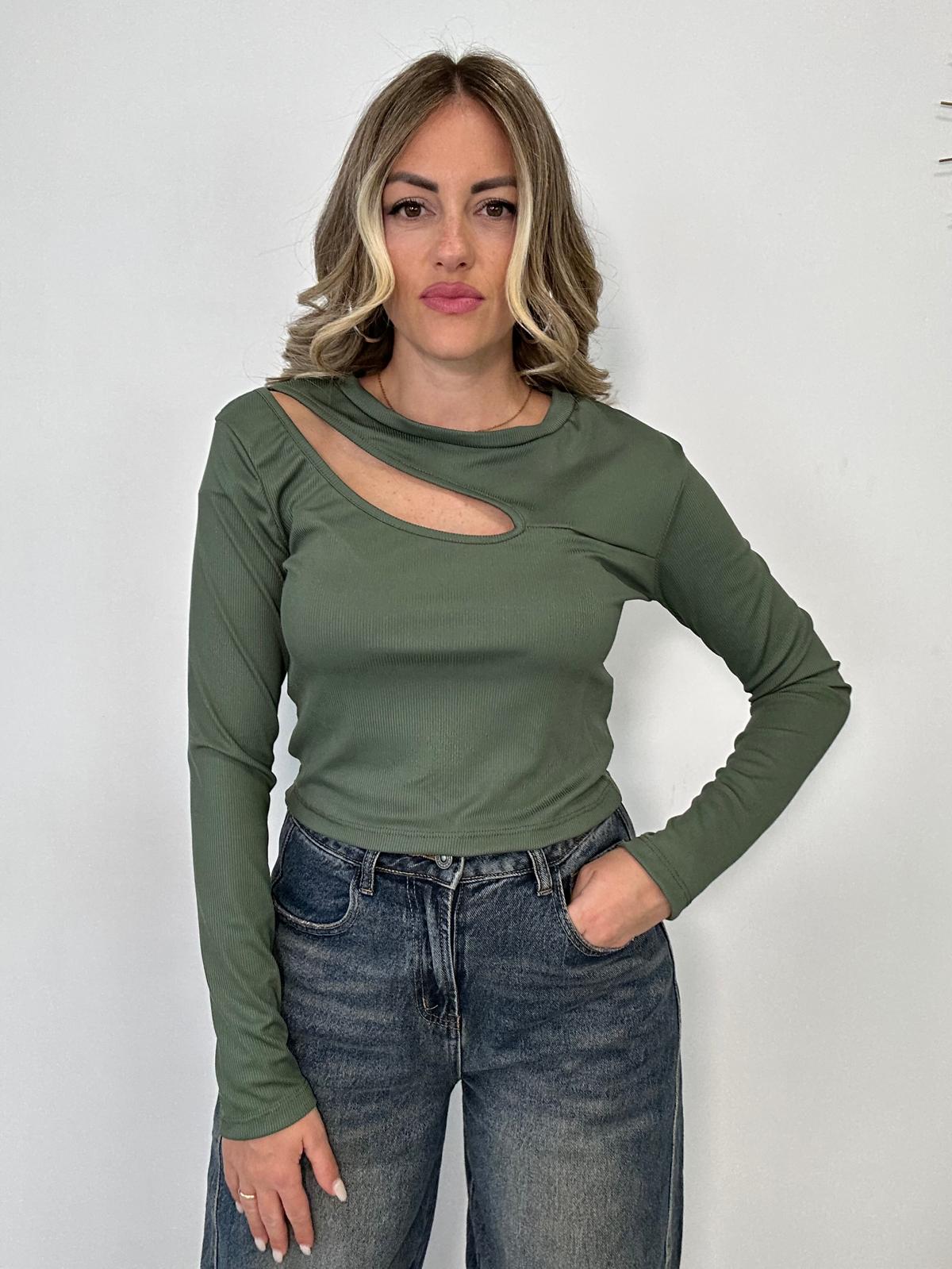 Maglia a costine con apertura - Verde