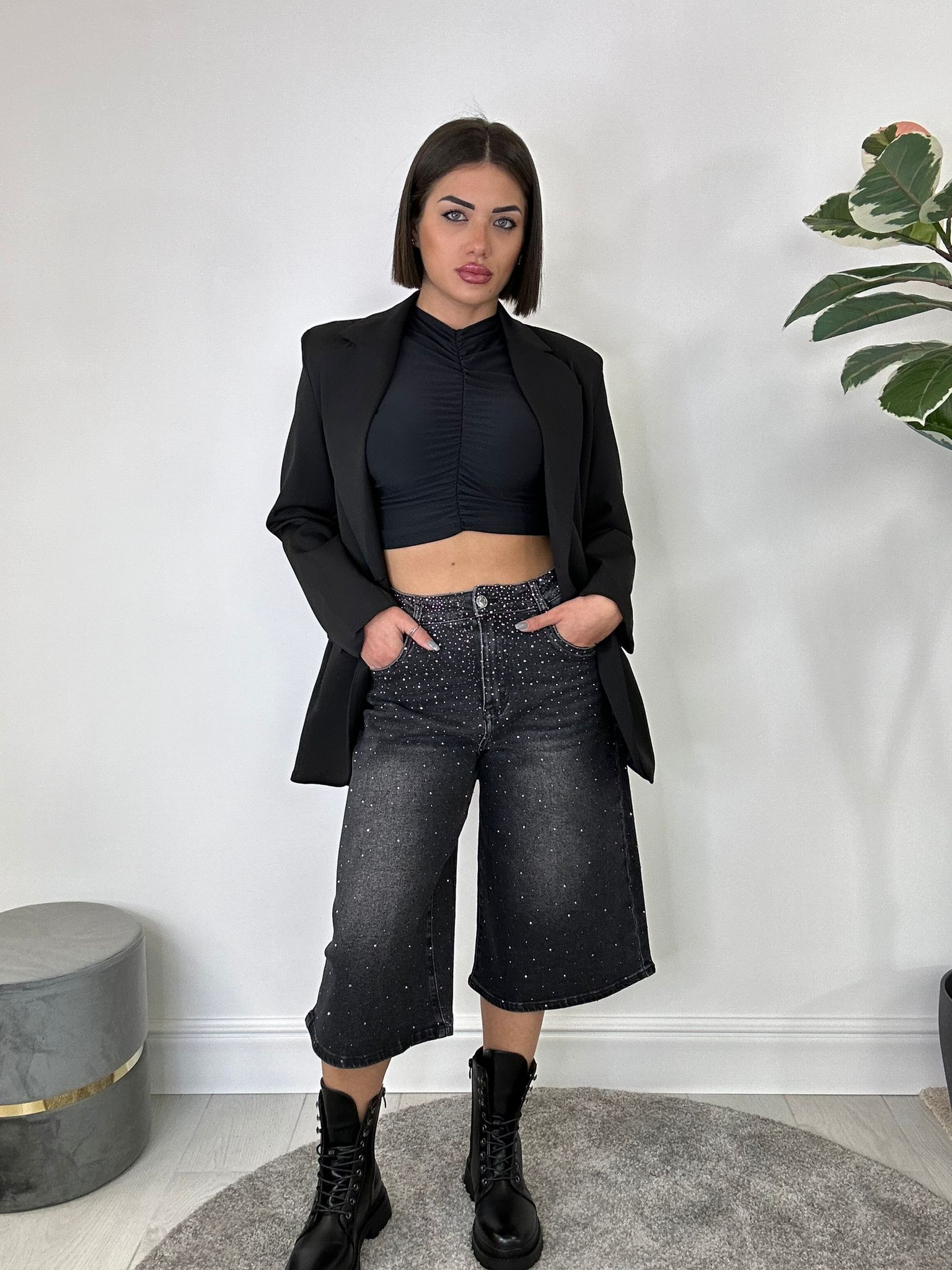 Baggy-Bermuda-Jeans - Schwarz