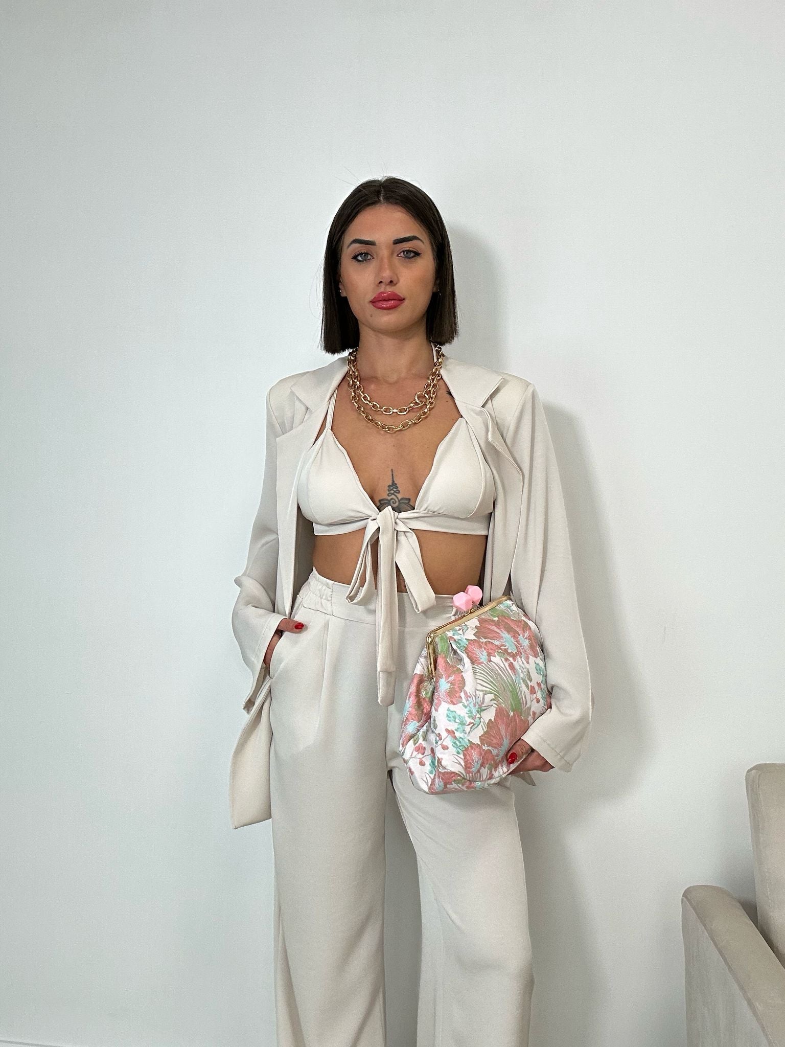 Ensemble coordonné Bora Bora (top court + chemise + pantalon) Crème