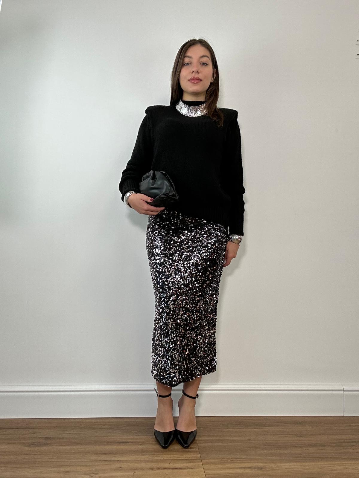 Gonna Longuette con Paillettes 6656 - Nero