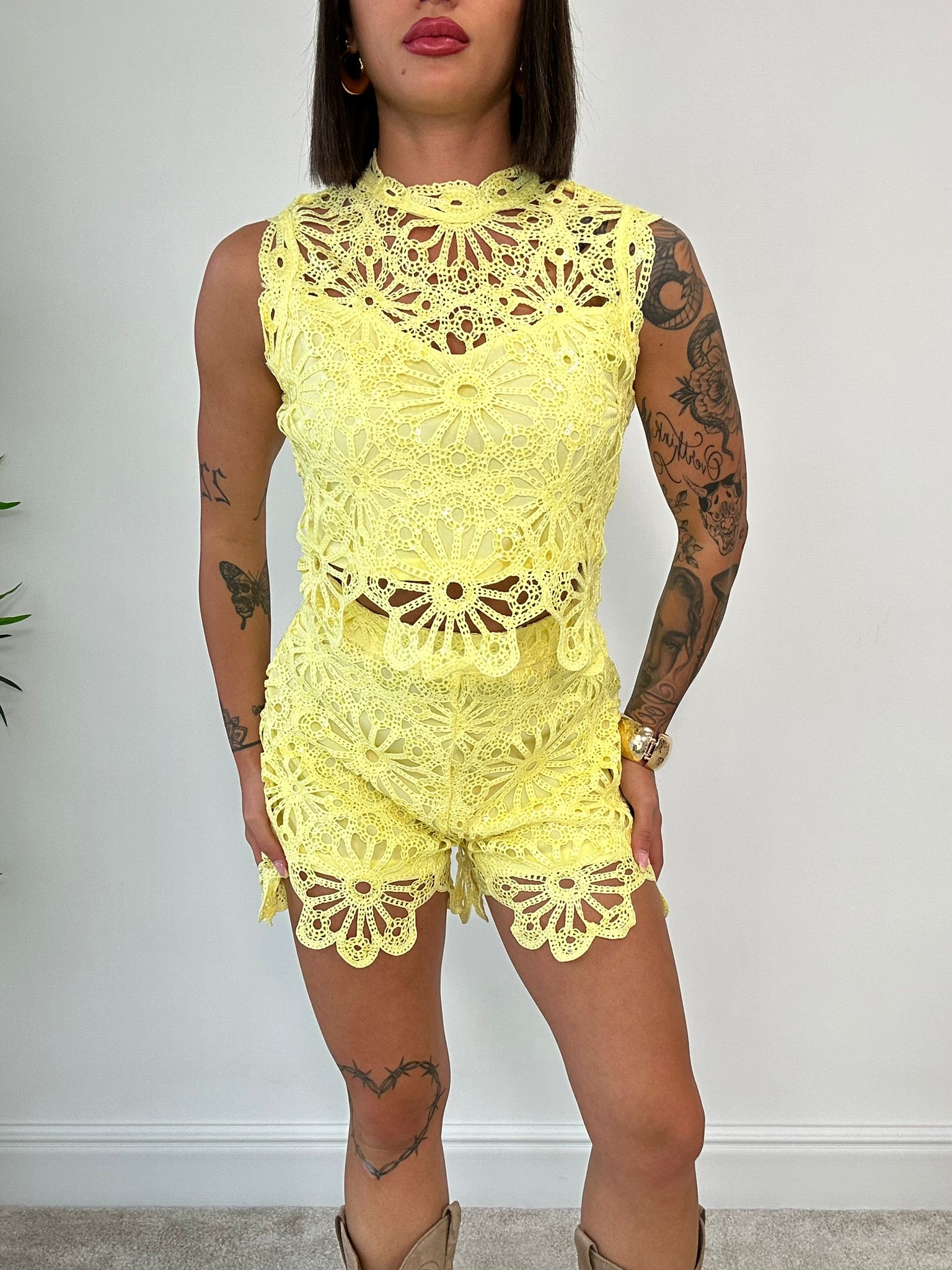 Coordinato Macramè (Maglia + Pantaloncino) Giallo