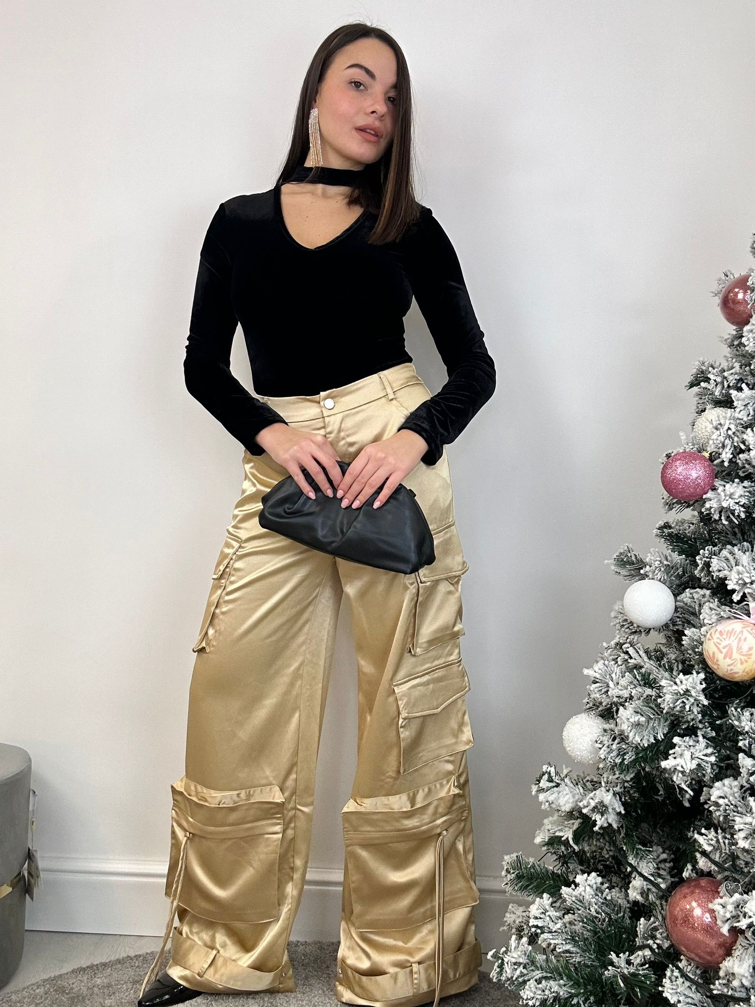 Pantalon cargo effet satiné - Doré