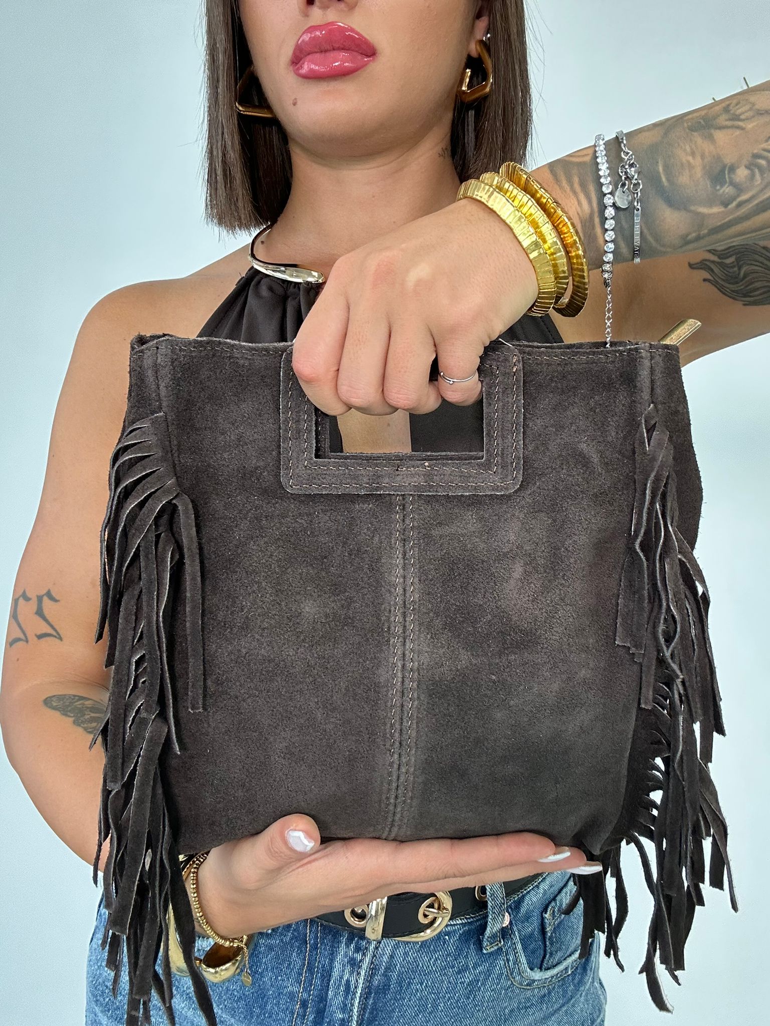 Borsa con frange e manico rigido - Marrone
