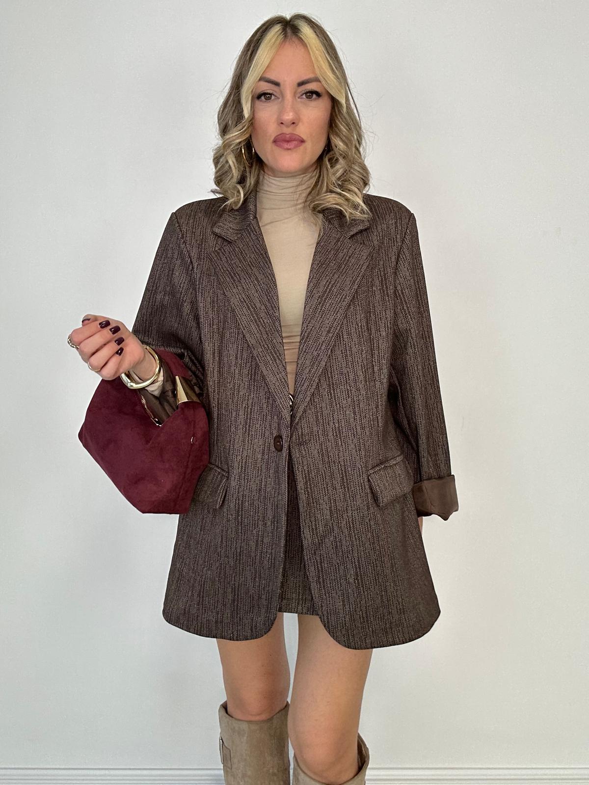 Coordinato Pied de Poule (Blazer + Gonna Pantaloncino) Marrone