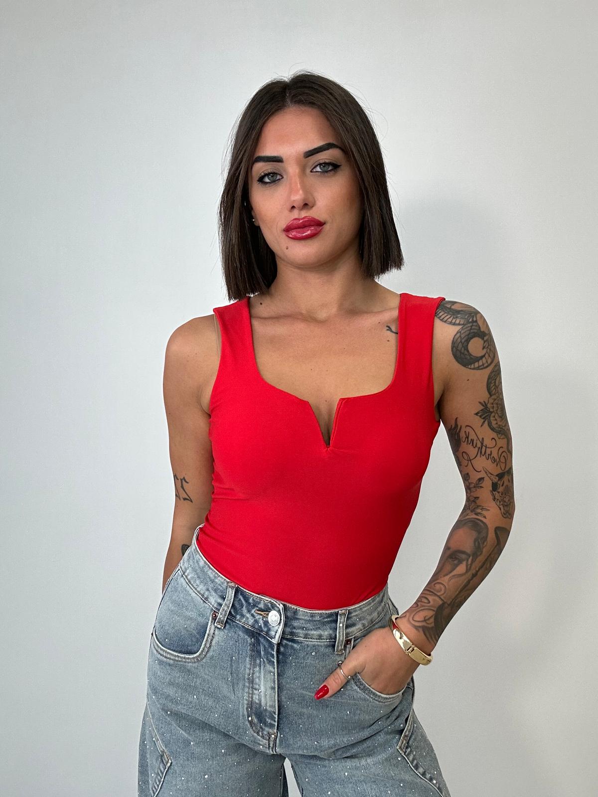 Body Smanicato Scollo a V - Rosso