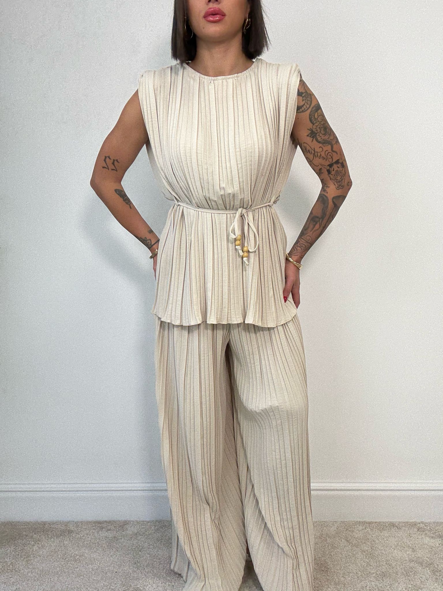 Coordinato Plissettato (Blusa + Pantalone) Beige
