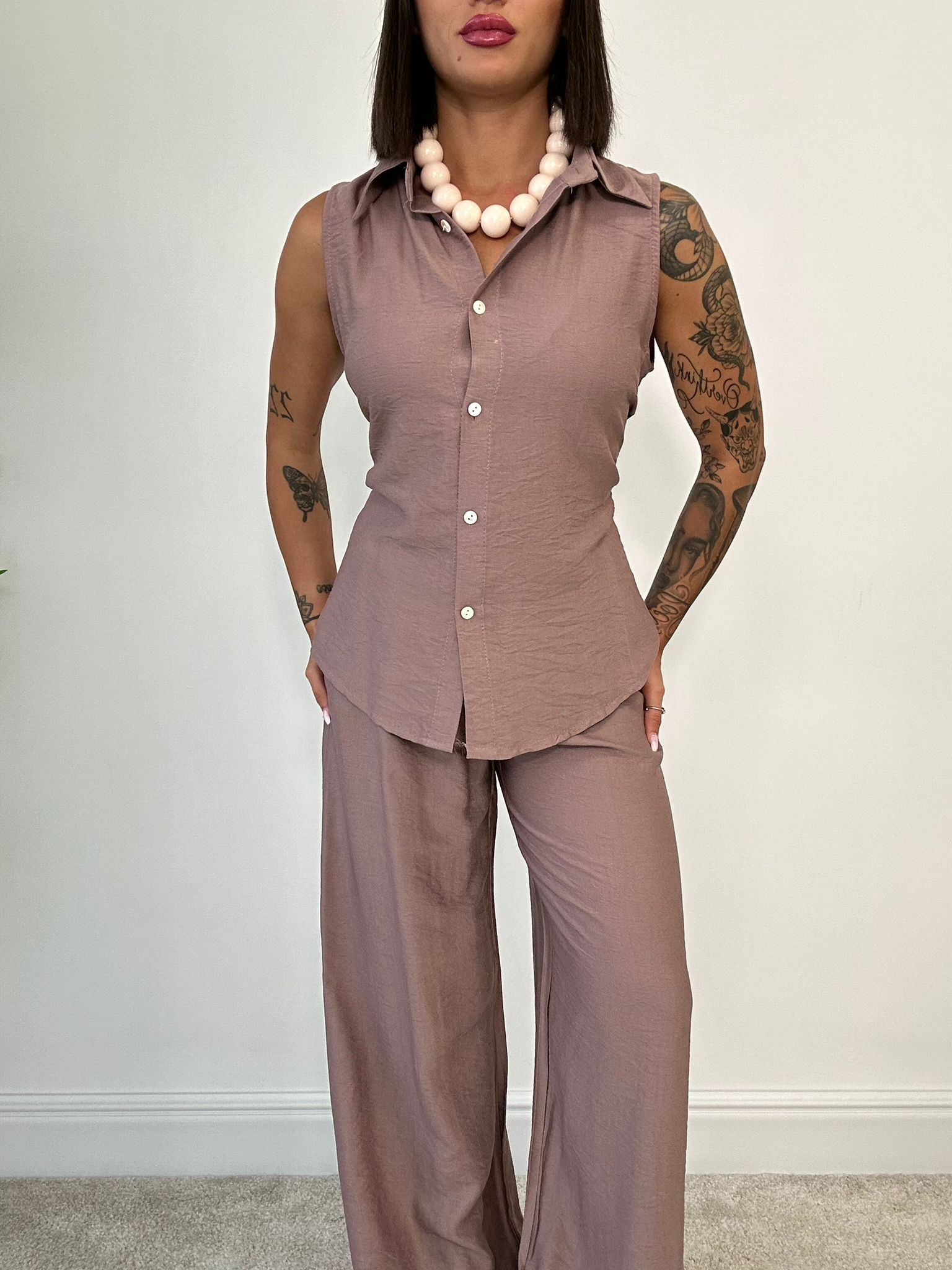 Coordinato Elena (Camicia Smanicata + Pantalone) Tortora