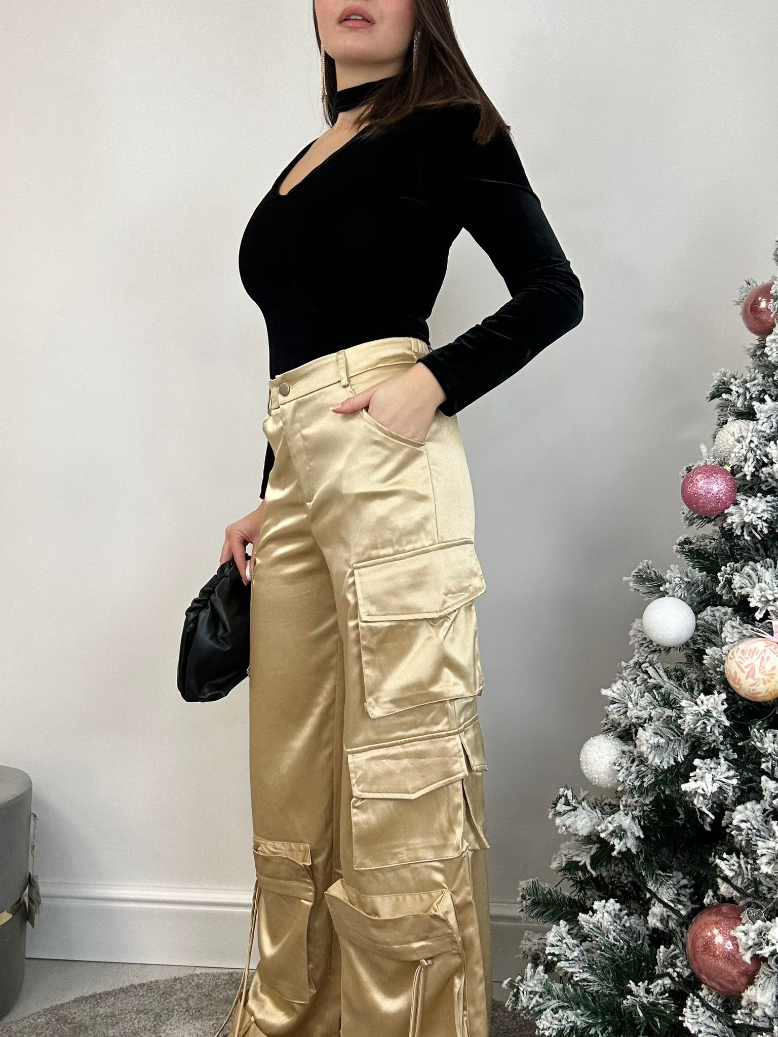 Pantalon cargo effet satiné - Doré