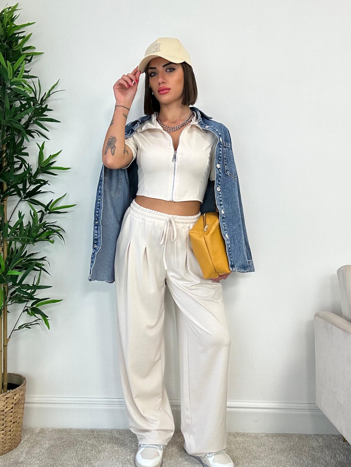 Ensemble survêtement Brenda (sweat-shirt court + pantalon) Crème