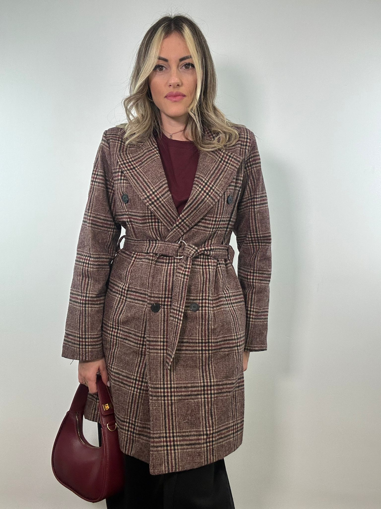 Cappotto a Quadretti 0025 - Bordeaux e Nero