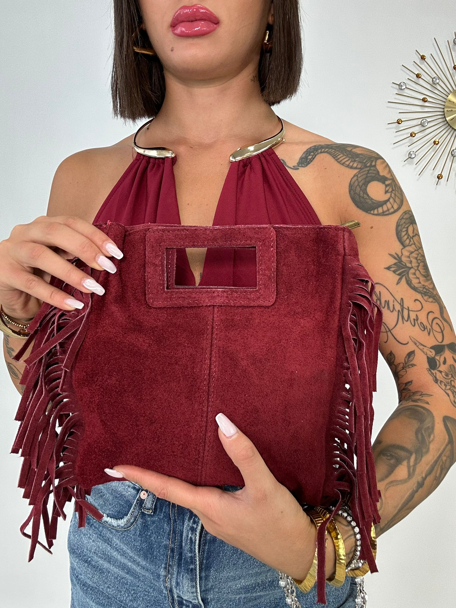 Borsa con frange e manico rigido - Bordeaux