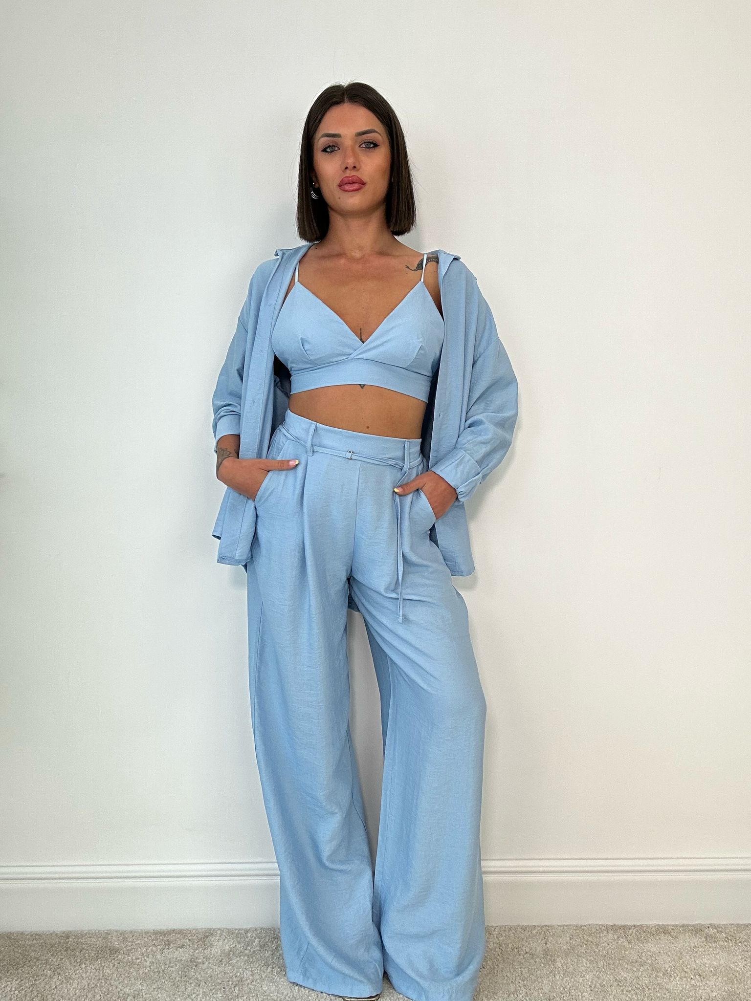 Coordinato Lisbona (Camicia + Bralette + Pantalone) Celeste