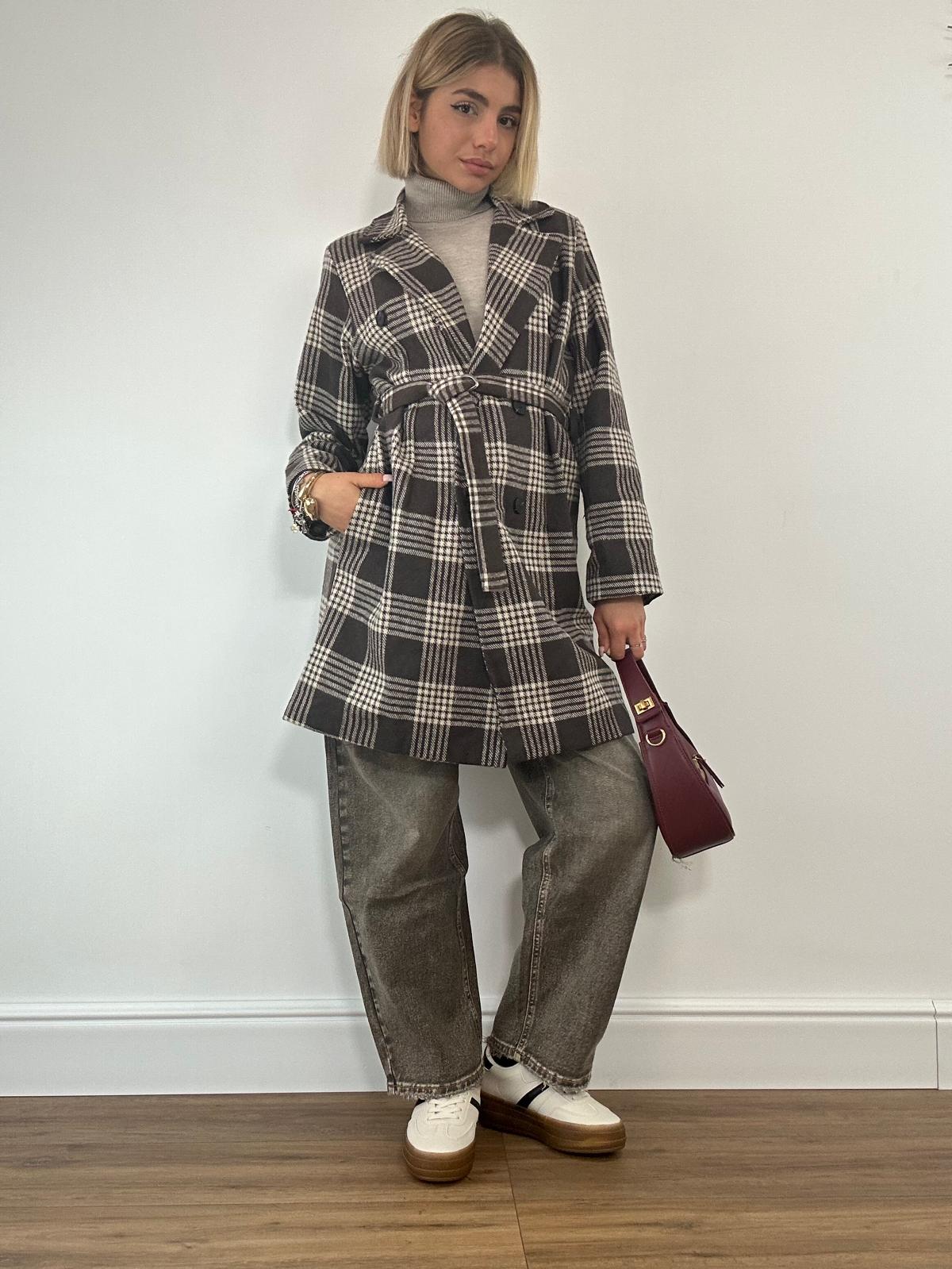 Cappotto a Quadri 0025 - Panna e Marrone