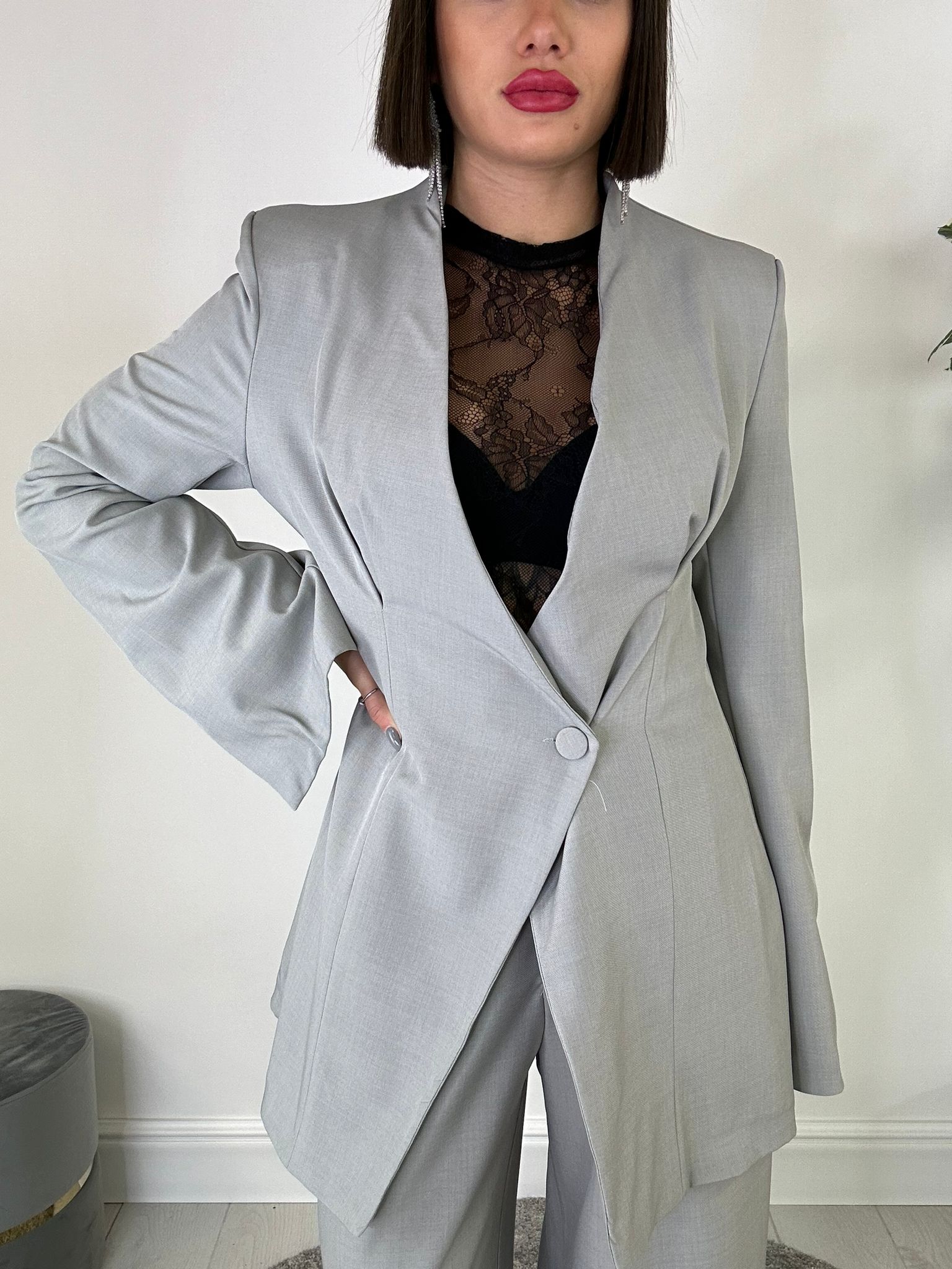 Costume sans col (blazer + pantalon) gris