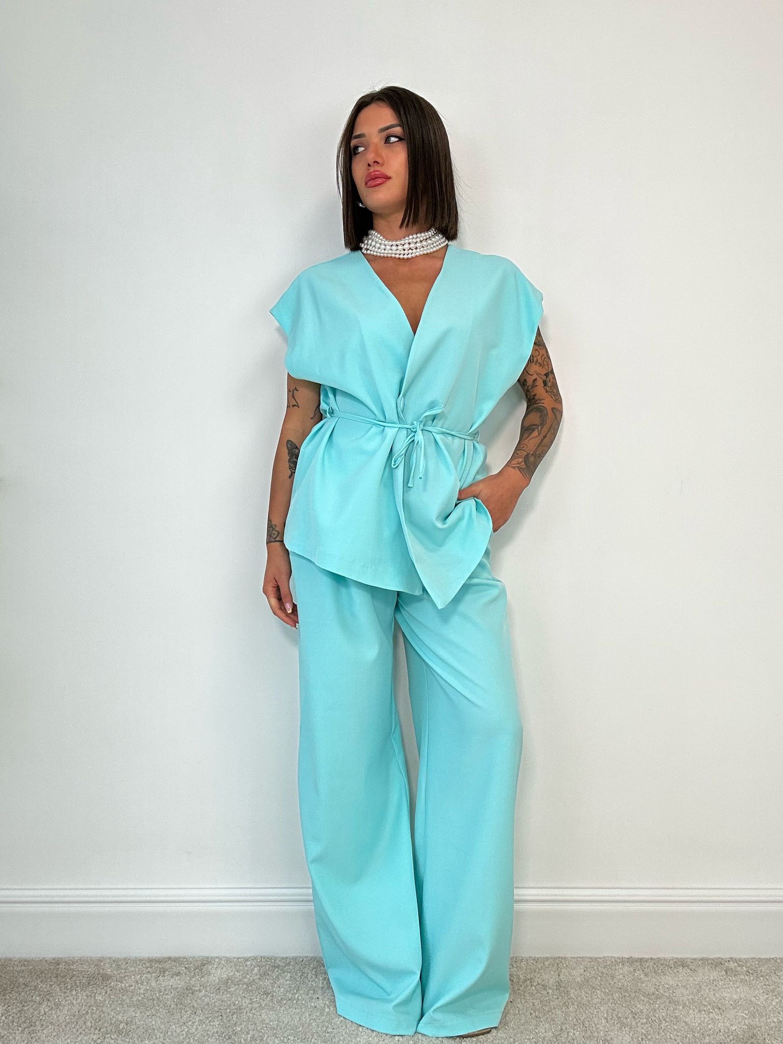 Coordinato Malaga (Giacca Smanicata+ Pantalone) Verde Acqua