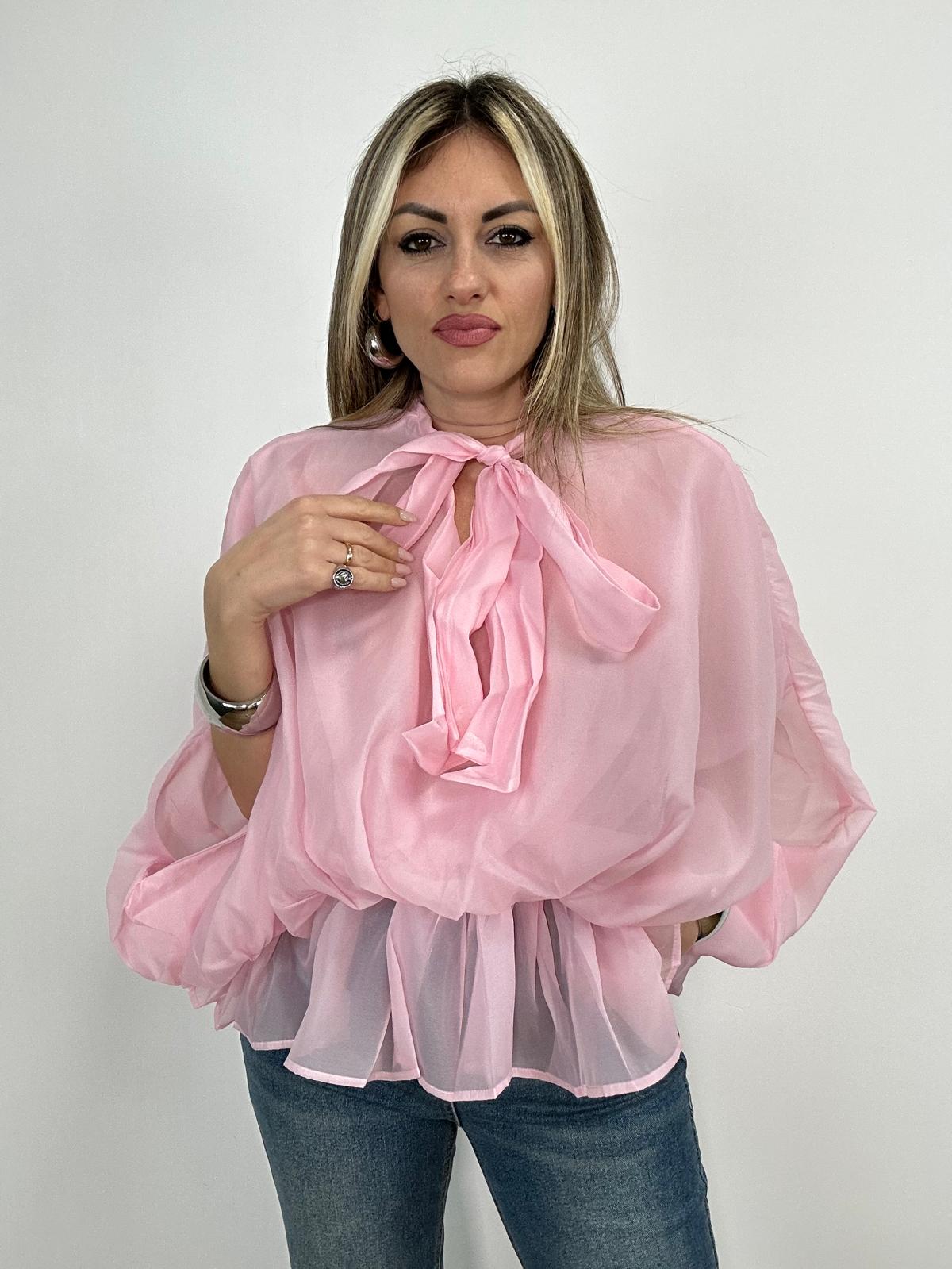 Bluse mit Schleife und Rüsche - Rosa