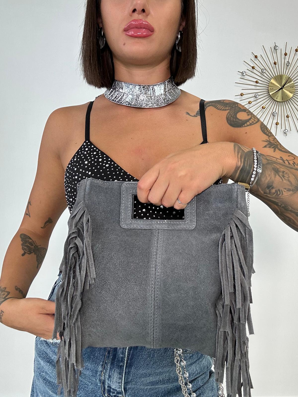 Borsa con frange e manico rigido - Grigio