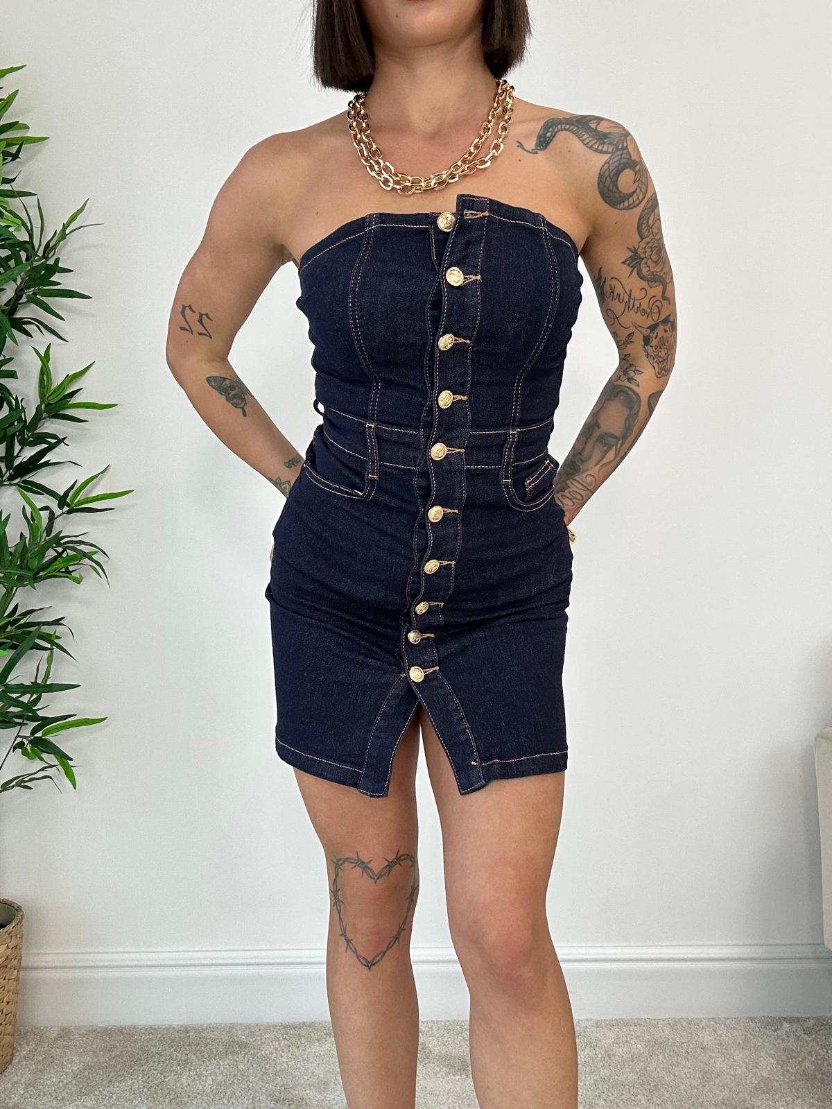Denim-Bandeau-Kleid – dunkle Waschung