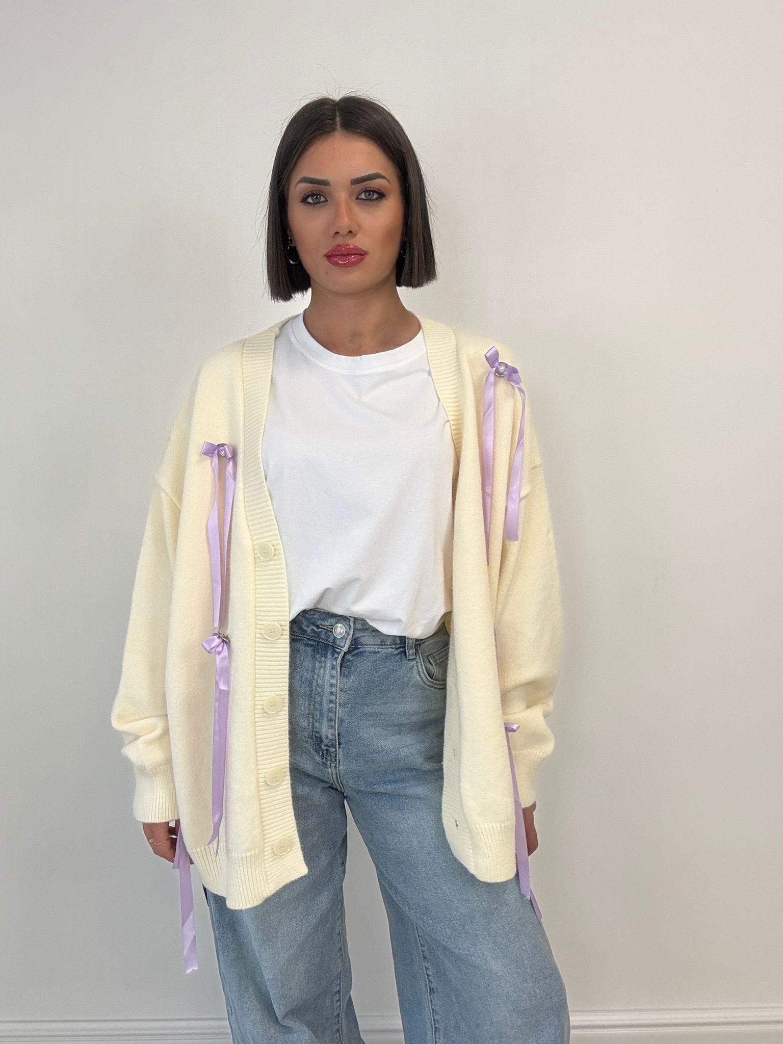 Cardigan à nœuds - Crème à nœuds lilas