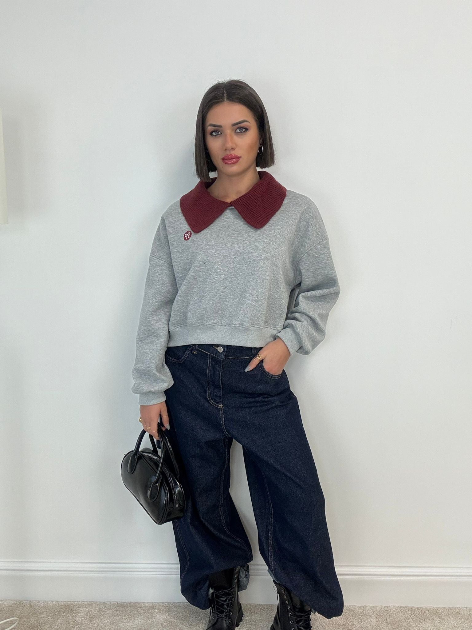 Sweat Crop Flake - Gris et Bordeaux