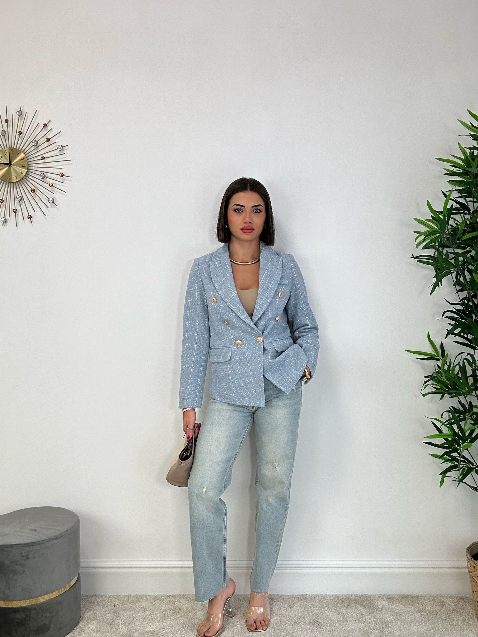 Giacca Doppio Petto in Tweed - Celeste
